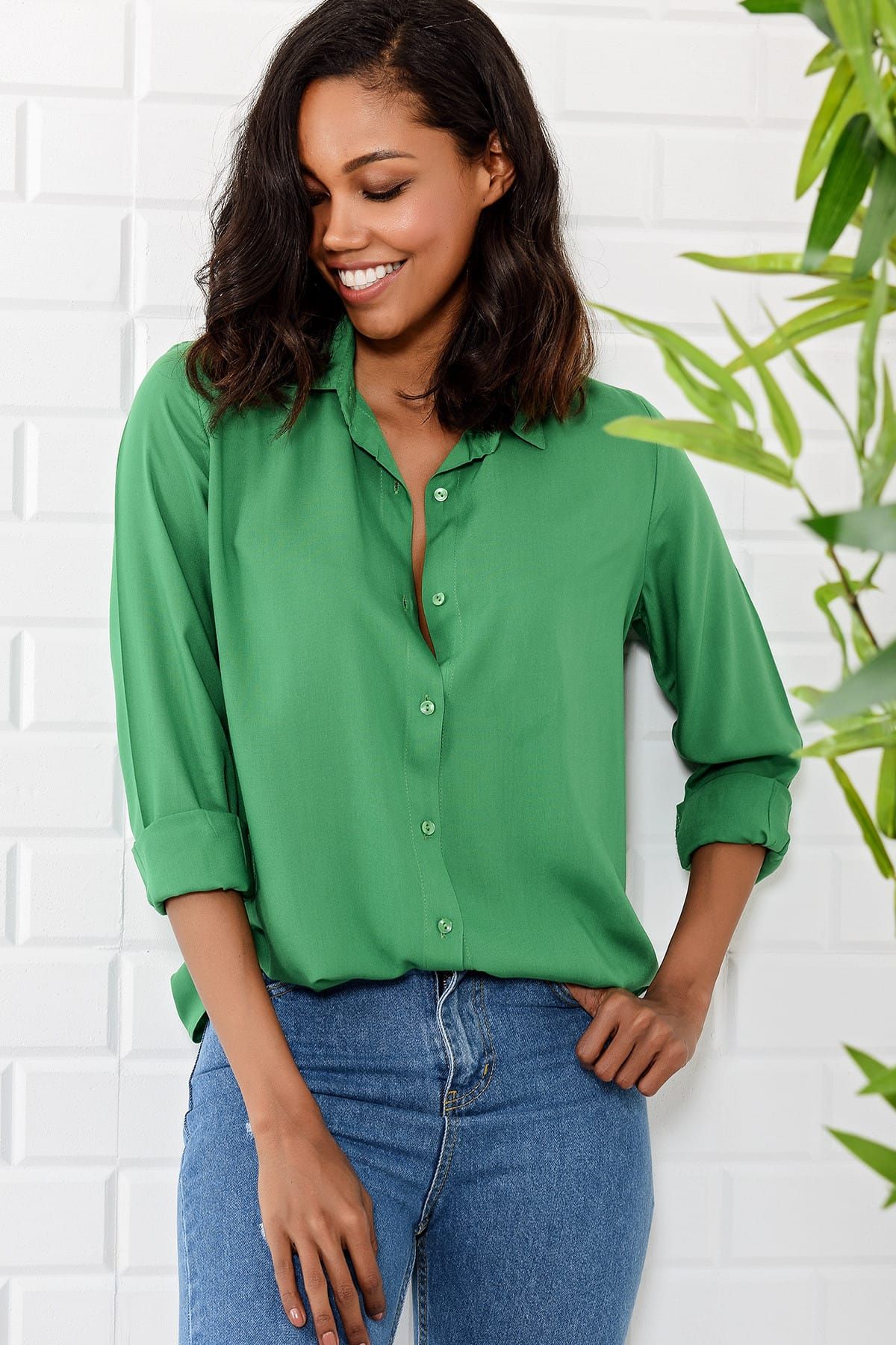 Trend Alaçatı Stili Kadın Yeşil Basıc Gömlek DNZ-2092-Y