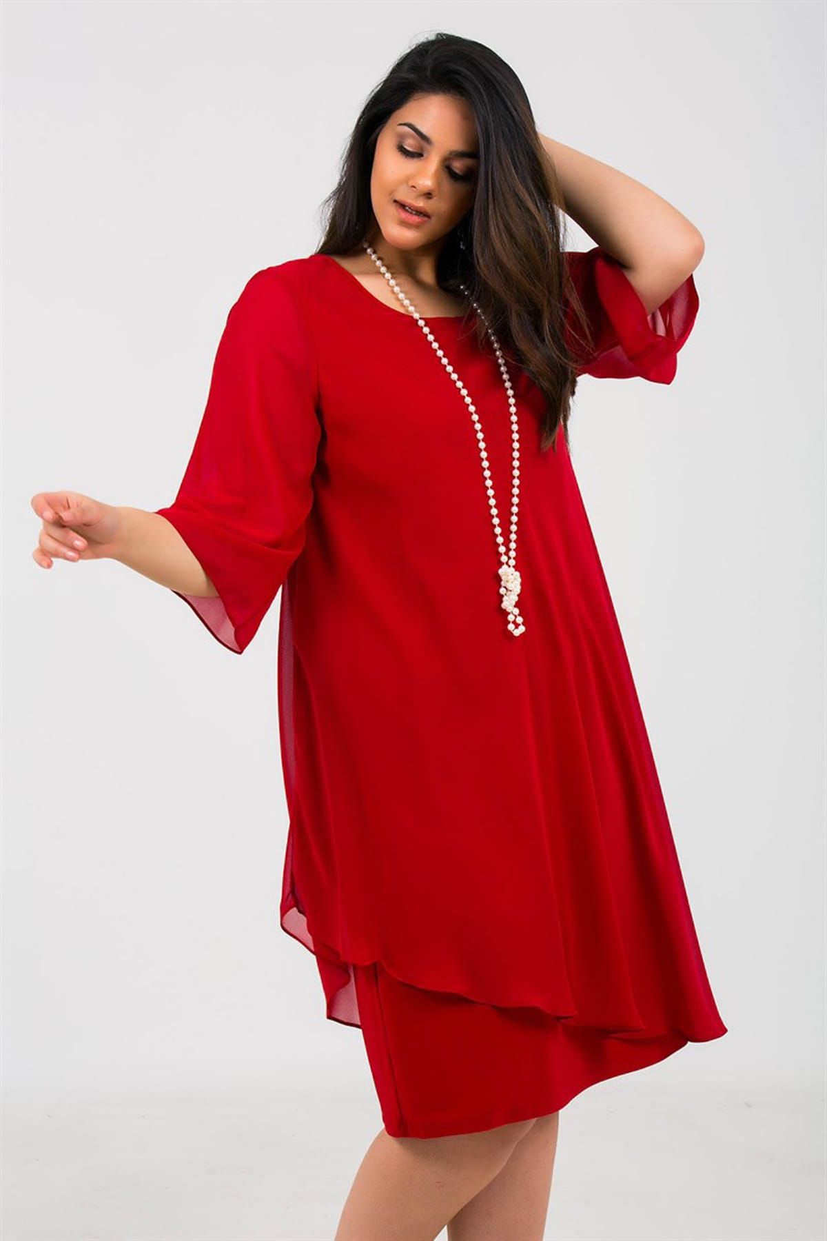 By Saygı Kadın İnci Kolyeli Astarlı Şifon Abiye Elbise Kırmızı S-19Y3050004