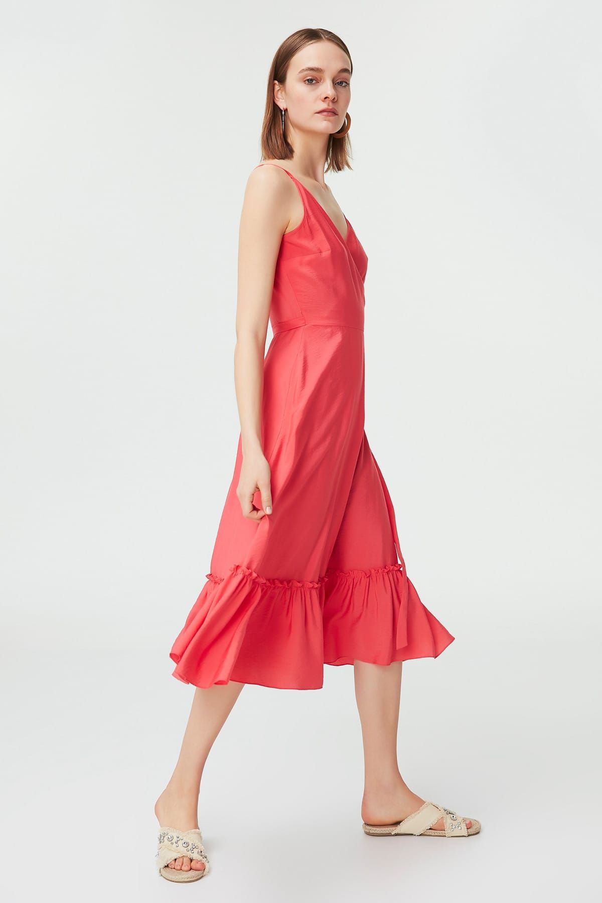 İpekyol Kadın Mercan Mercan Fırfır Şeritli Anvelop Elbise IS1190002395108