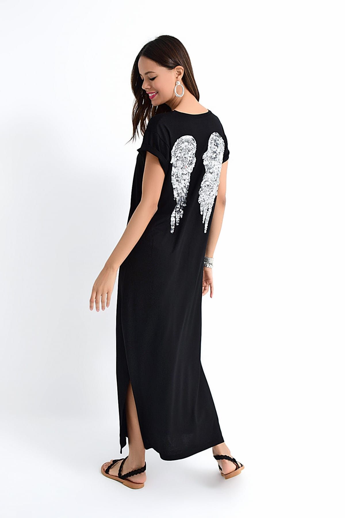 Cool & Sexy Kadın Siyah Sırtı Payetli Maxi Elbise BK650