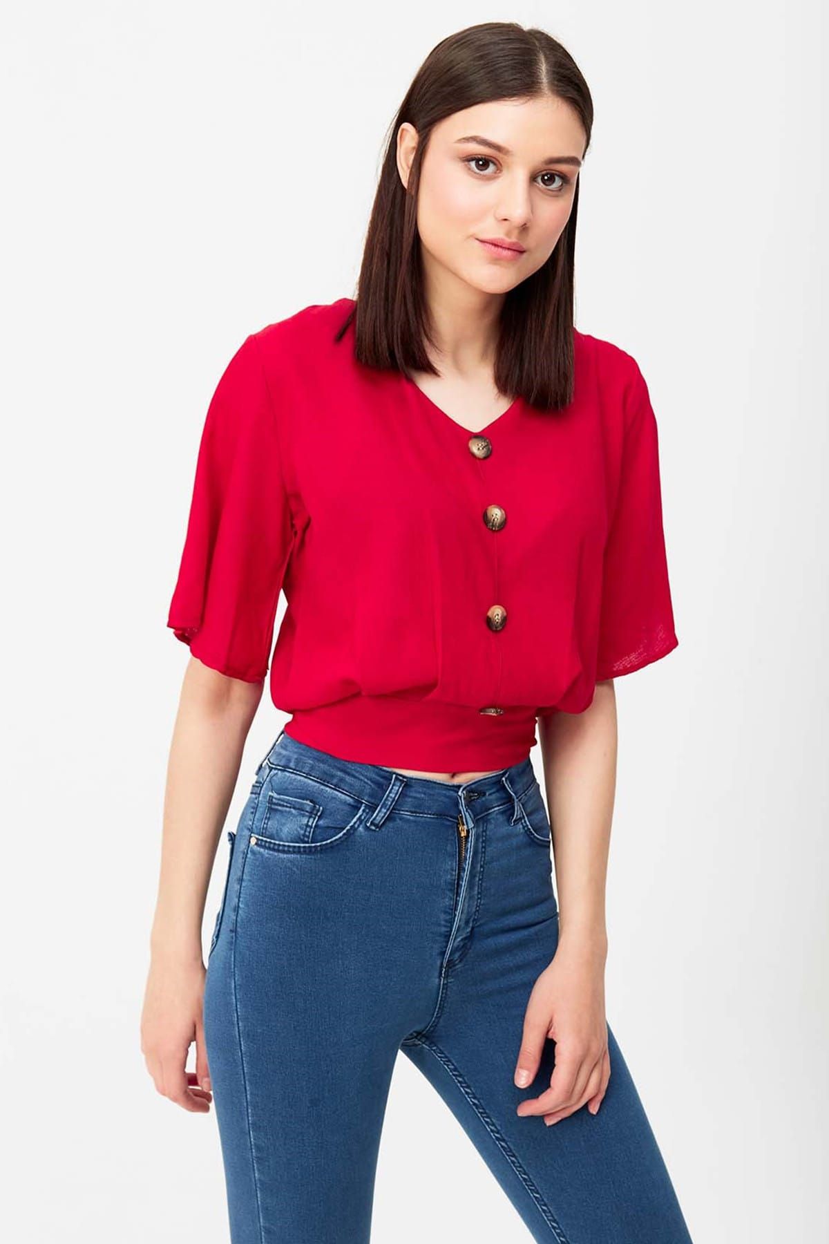 MISOCIAL Kadın Kırmızı Arkadan Bağlamalı Düğme Detaylı Bluz 19Y002301