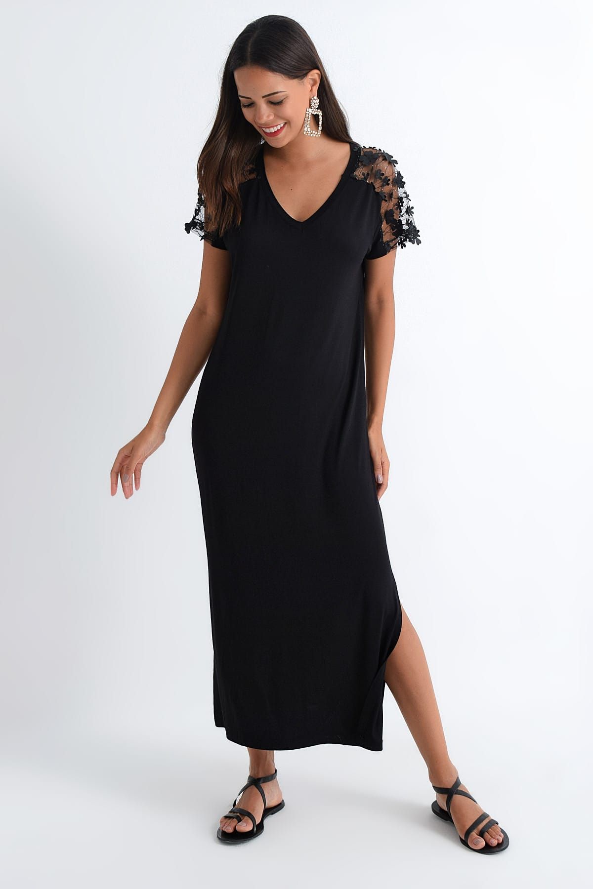 Cool & Sexy Kadın Siyah Üstü Tül Çiçekli Elbise BK656