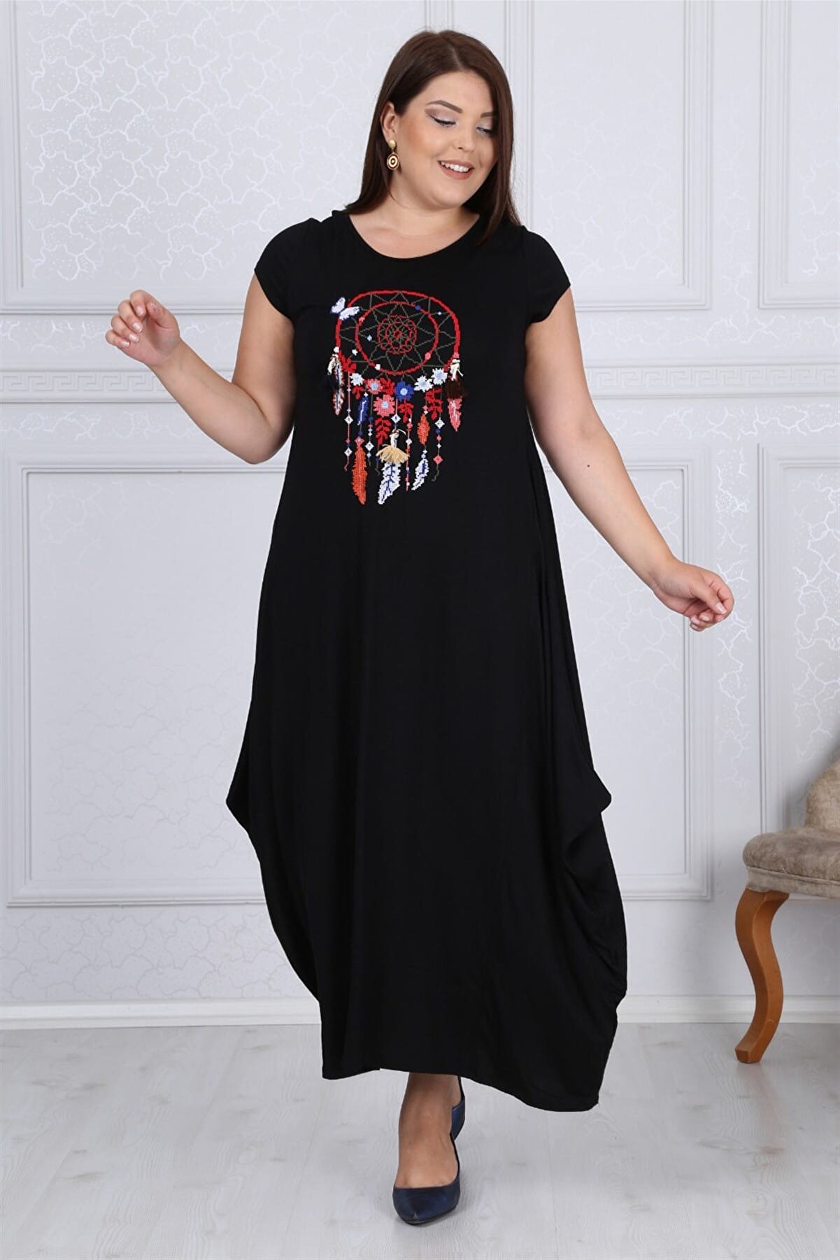 MJORA Kadın Siyah Etnik Desen  Detaylı Viskon Elbise PV0058