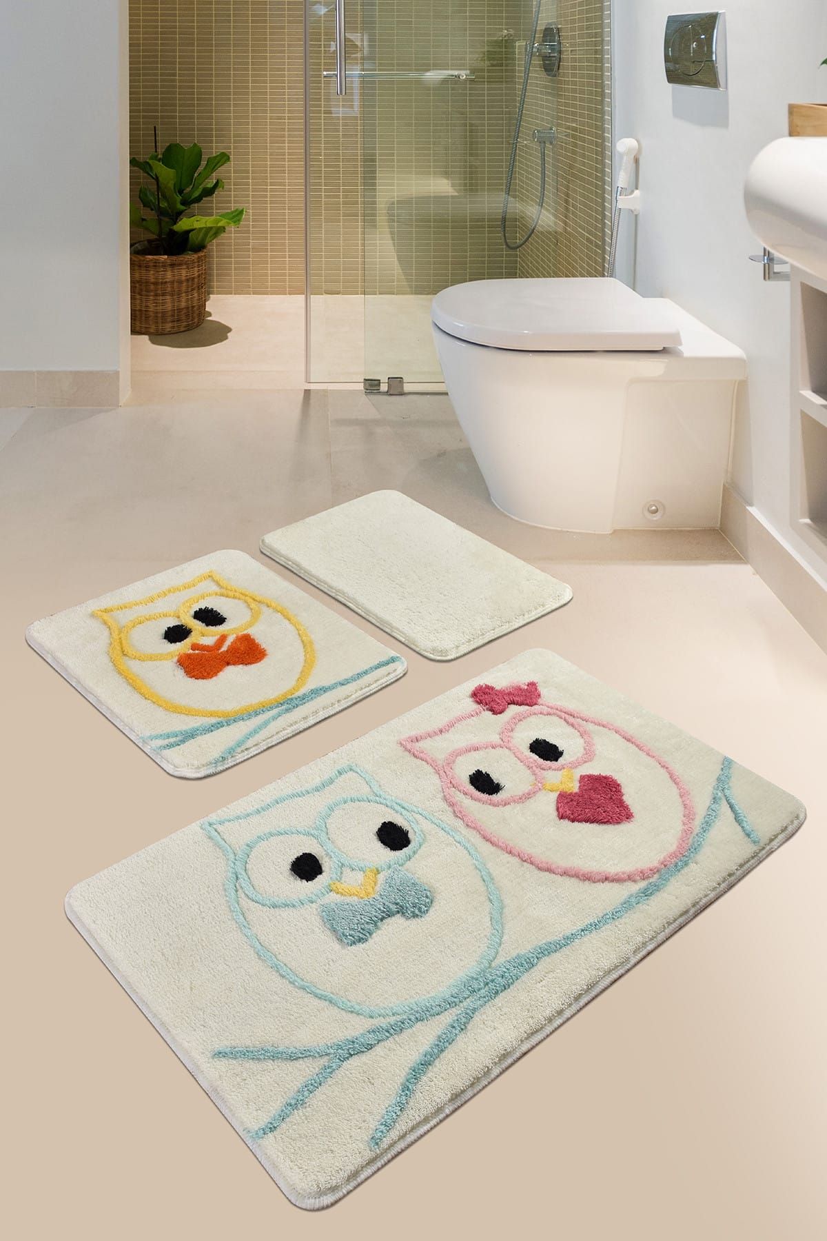 Chilai Home Baykuş Renkli 3lü Set Banyo Halısı Yıkanabilir, Kaymaz Taban