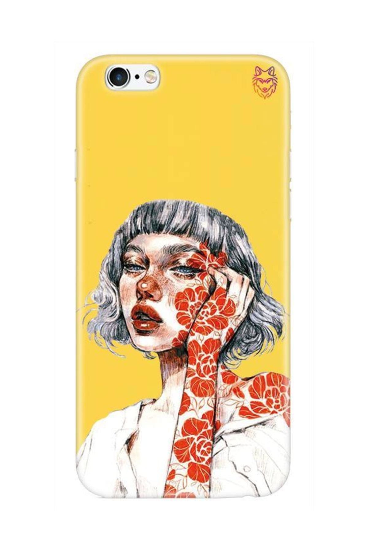 Wolf Dizayn iPhone 6S Sarı Silikon Kılıf -Orange Flower Girl