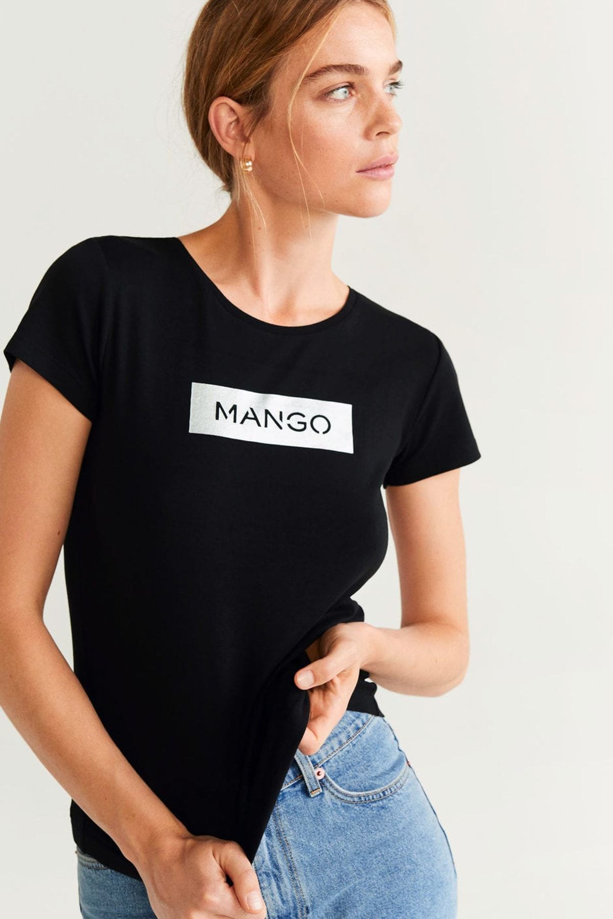 MANGO Kadın Siyah Logolu Koton Tişört 57015947