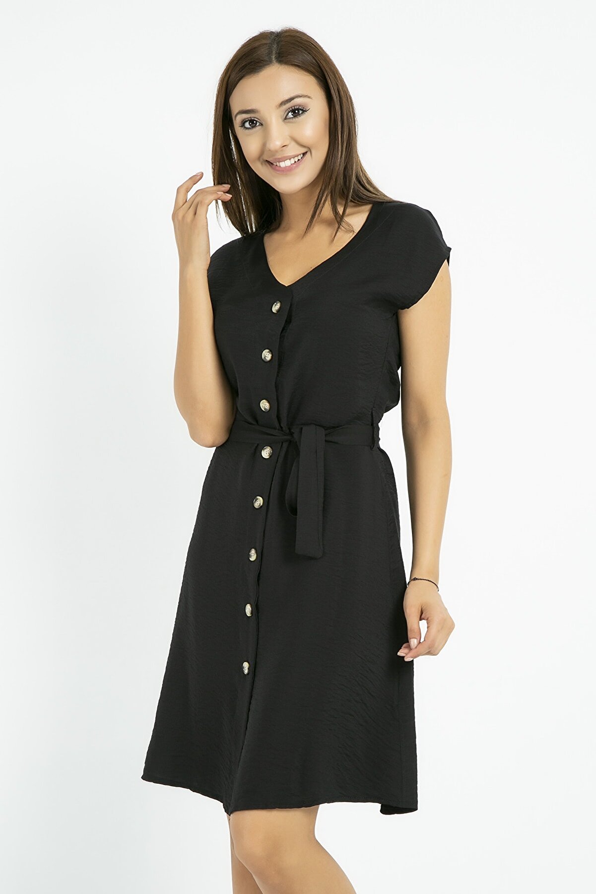 Sateen Siyah Önü Düğmeli Elbise 9YEL194K129