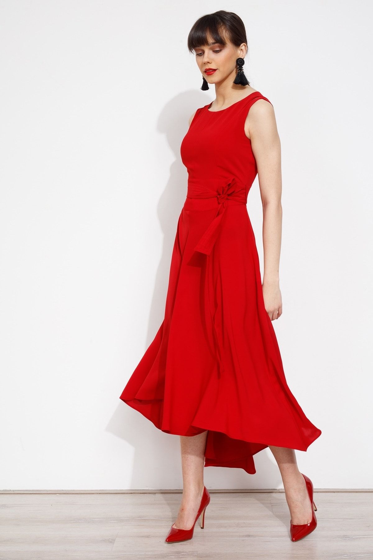 Moda İlgi Omzu Açık Volanlı Abiye  Elbise Kırmızı ILG20K06513