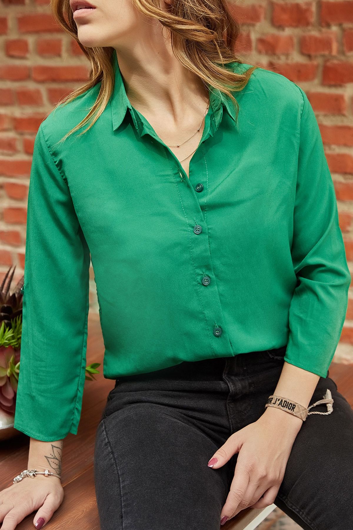 XHAN Kadın Yeşil Kolu Katlamalı Gömlek 9YXK2-41775-08