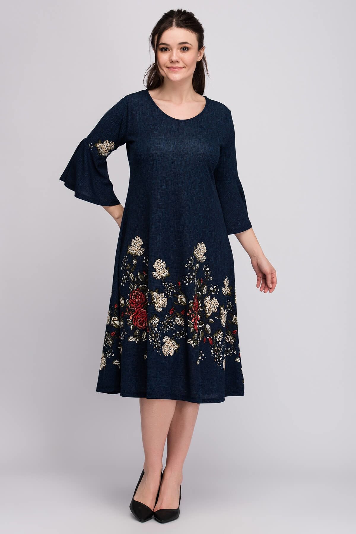 Alesia Kadın Lacivert Çiçek Desenli Krep Elbise BTKS2020-01
