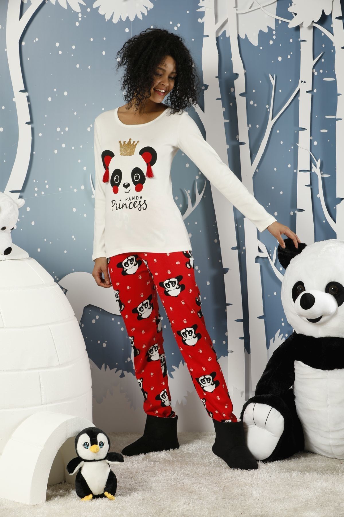 Siyah İnci Kadın Desenli Interlok Pijama Takımı