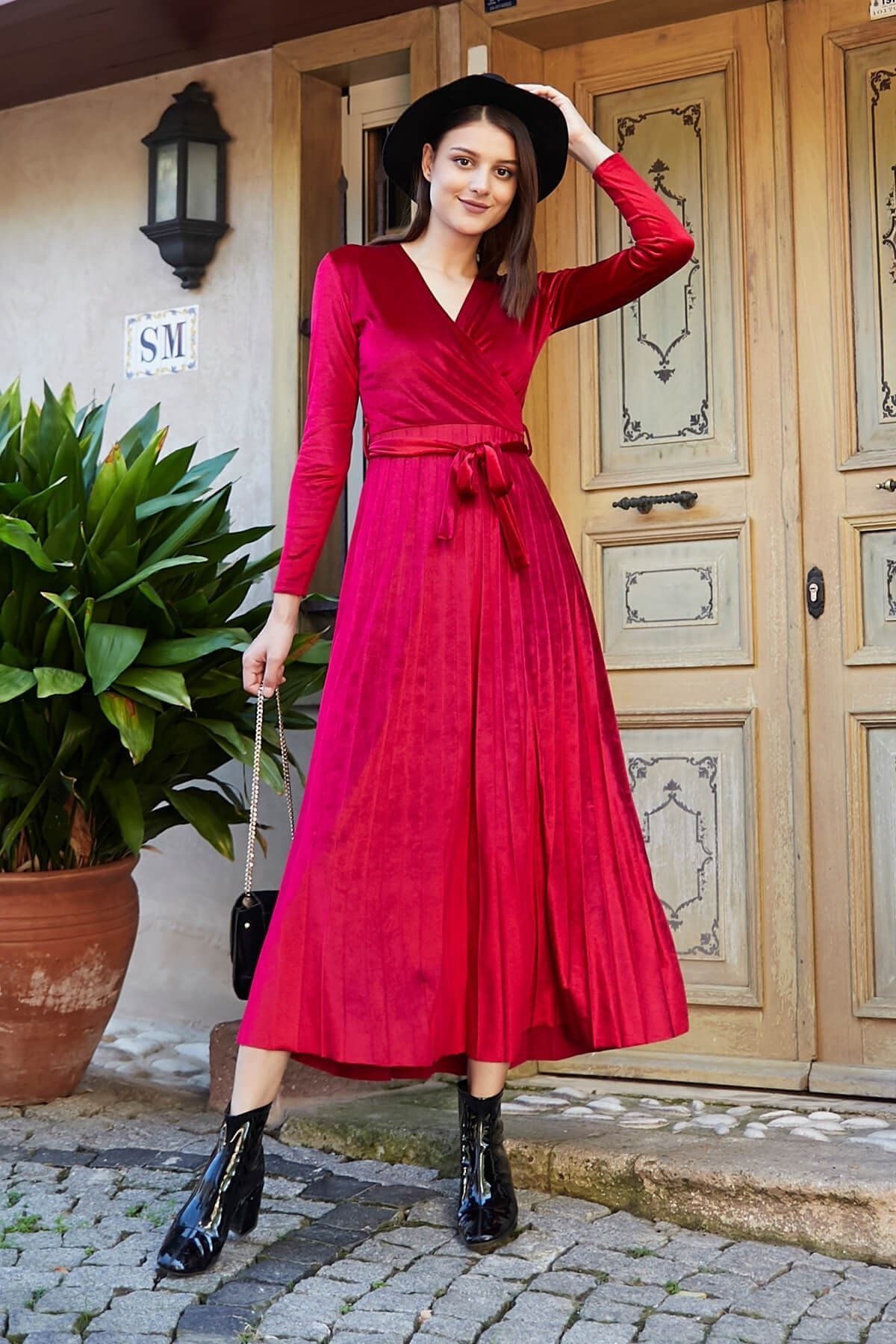 Femme Butik Kadın Kırmızı Kruvaze Kadife Elbise FM5700