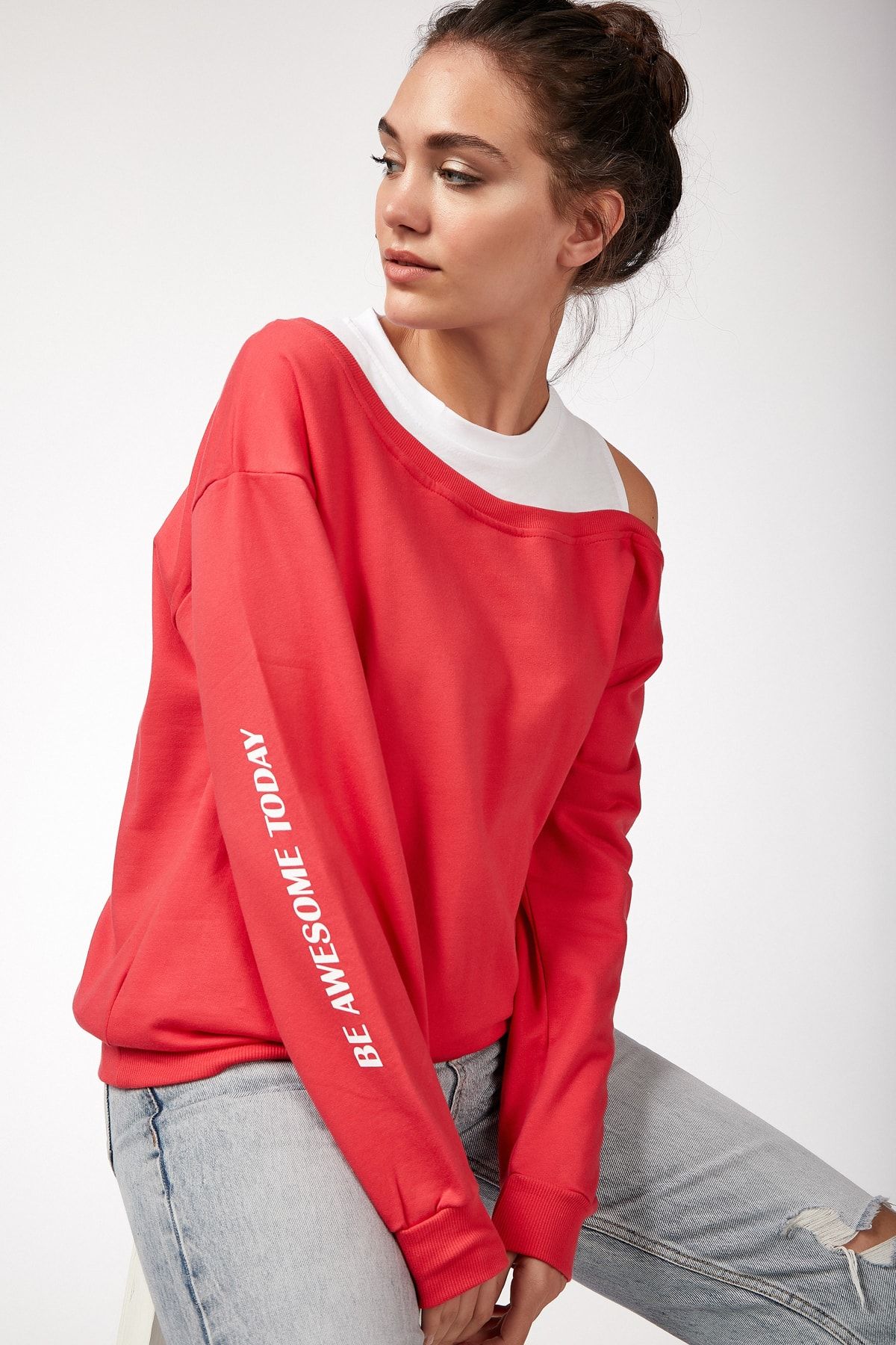 Happiness İstanbul Kadın Kırmızı T-Shirt Detaylı Sweatshirt CR00245