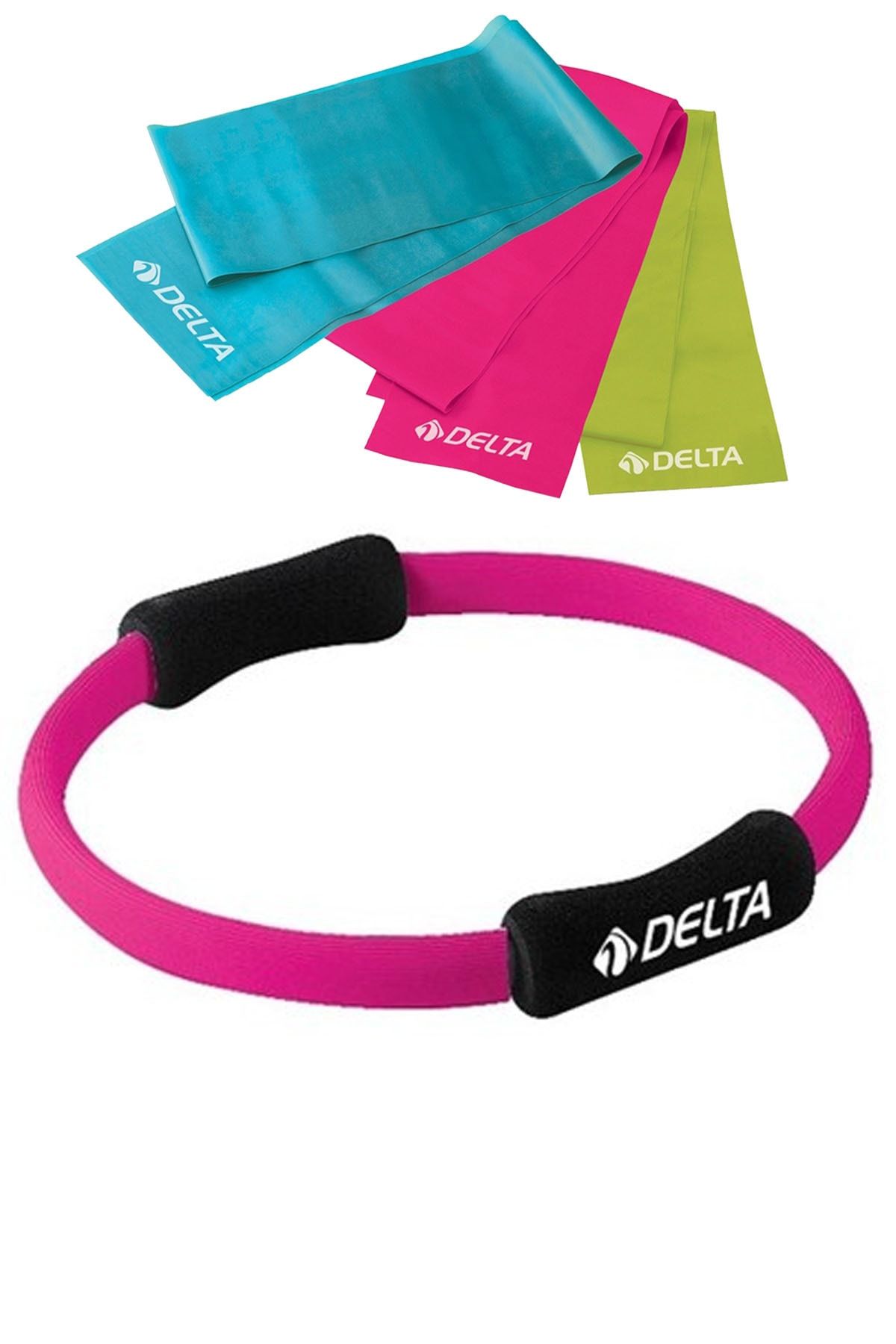 Delta Pilates Egzersiz Çemberi, 3 Lü Pilates Direnç Bandı 3 Farklı Seviyede Hafif Orta Sert Bant