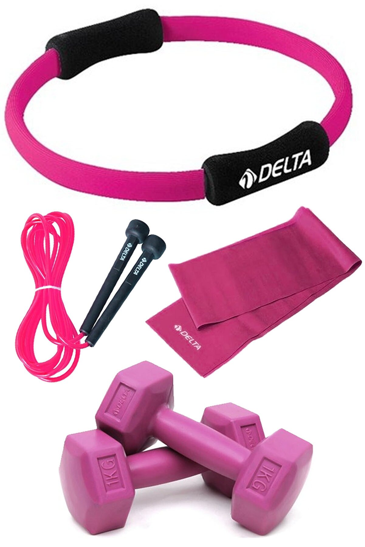 Delta Pilates Egzersiz Çemberi, 120x15Cm Pilates Lastiği Bandı, 1KG Dambıl, Atlama İpi Seti