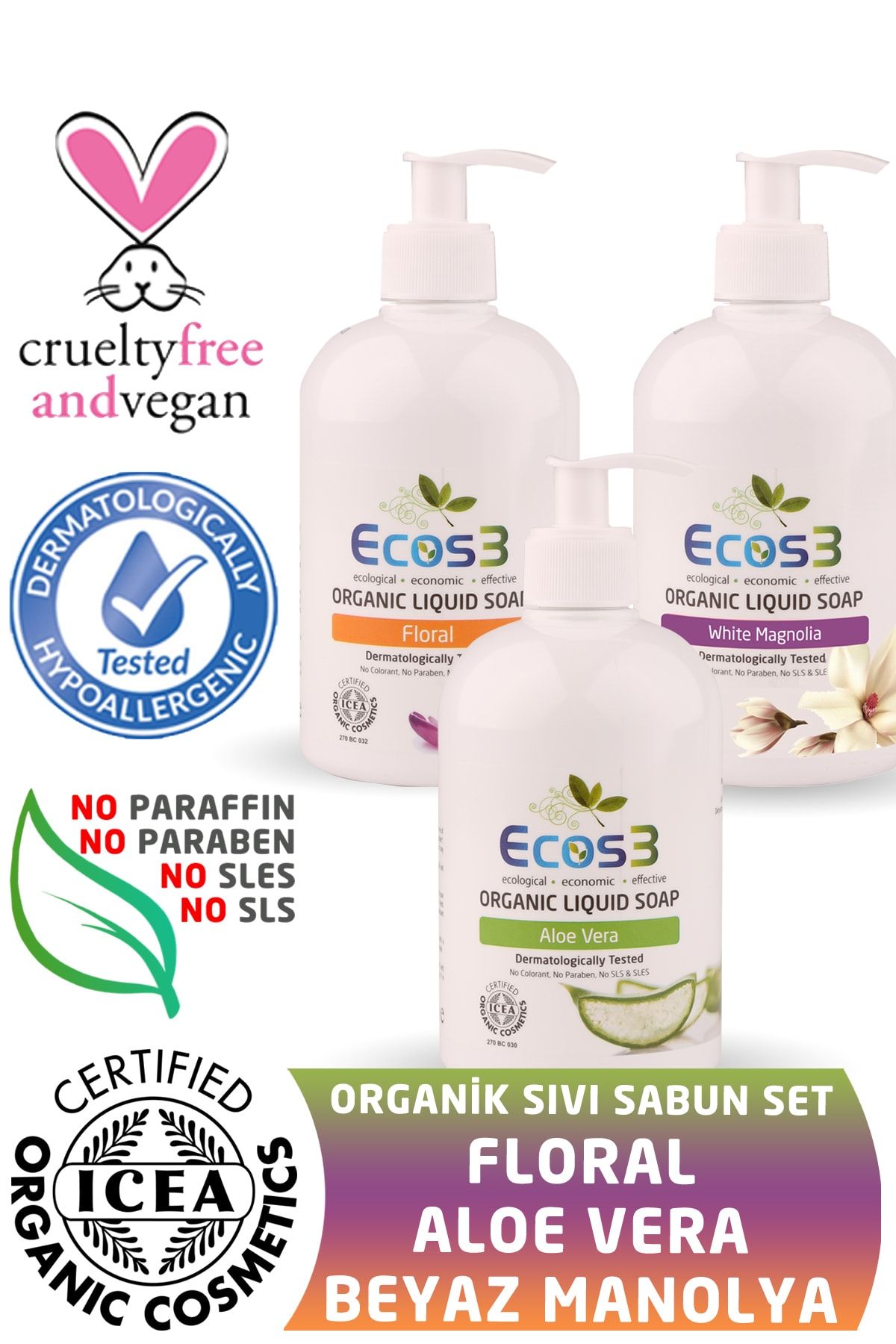 Ecos3 Organik Sıvı Sabun Aloe Vera + Floral + Beyaz Manolya (3 X 500 ml)