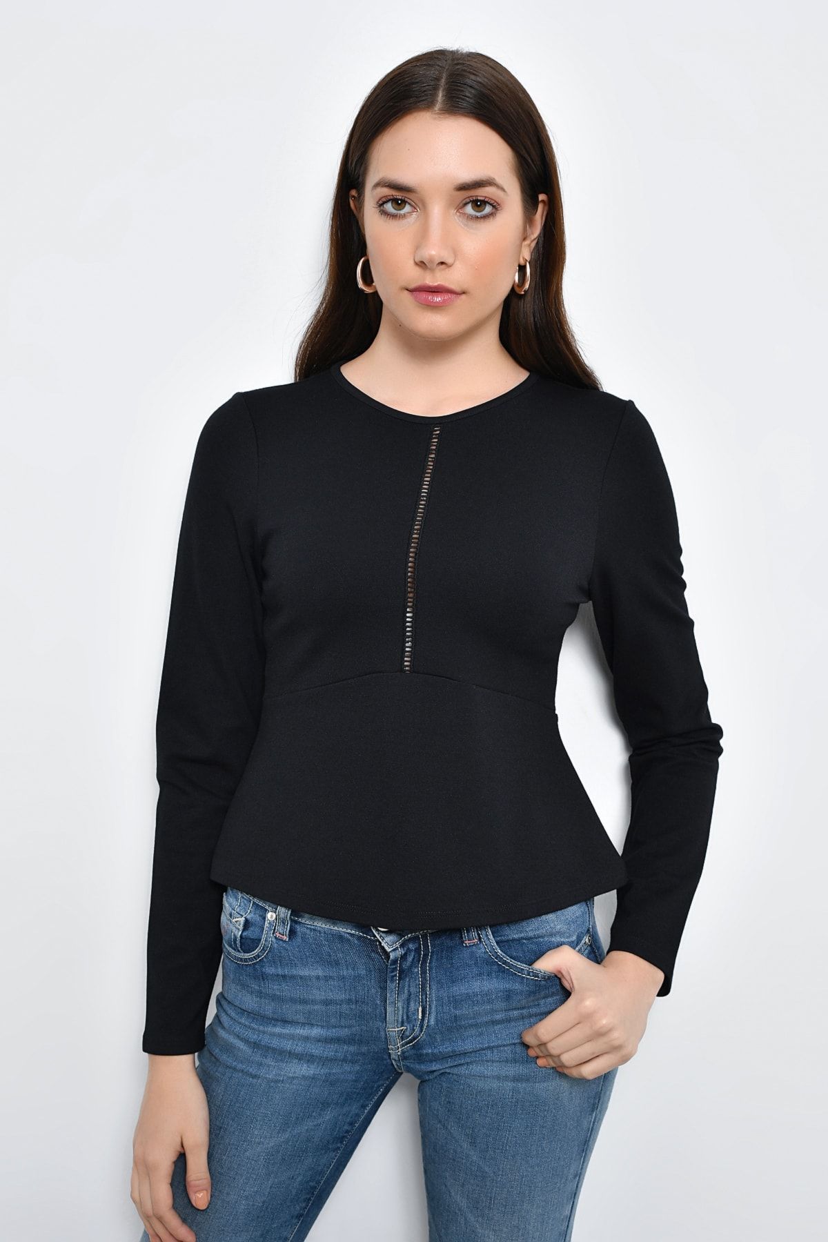 Hanna's Kadın Siyah Uzun Kollu Şerit Detaylı Volanlı Bluz
