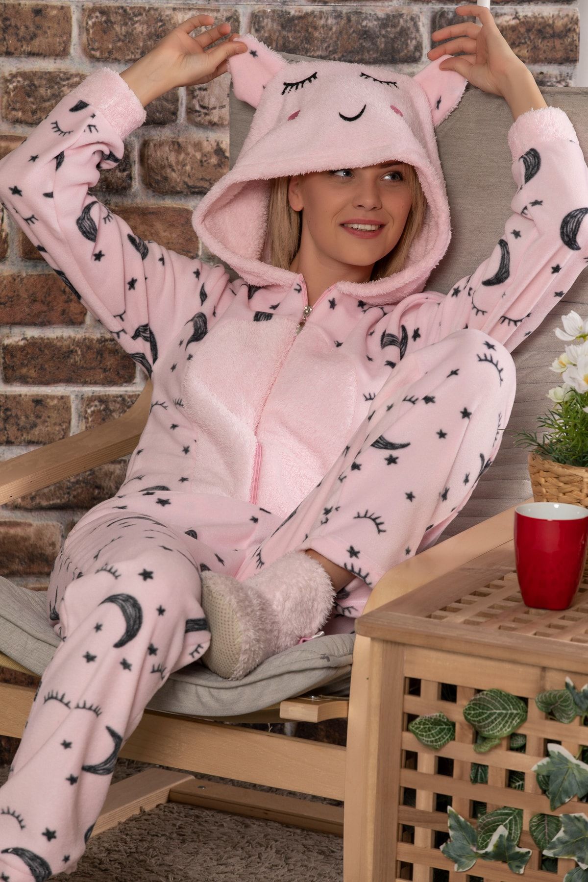 ELİTOL Kadın Pembe Welsoft Tulum Pijama Takım