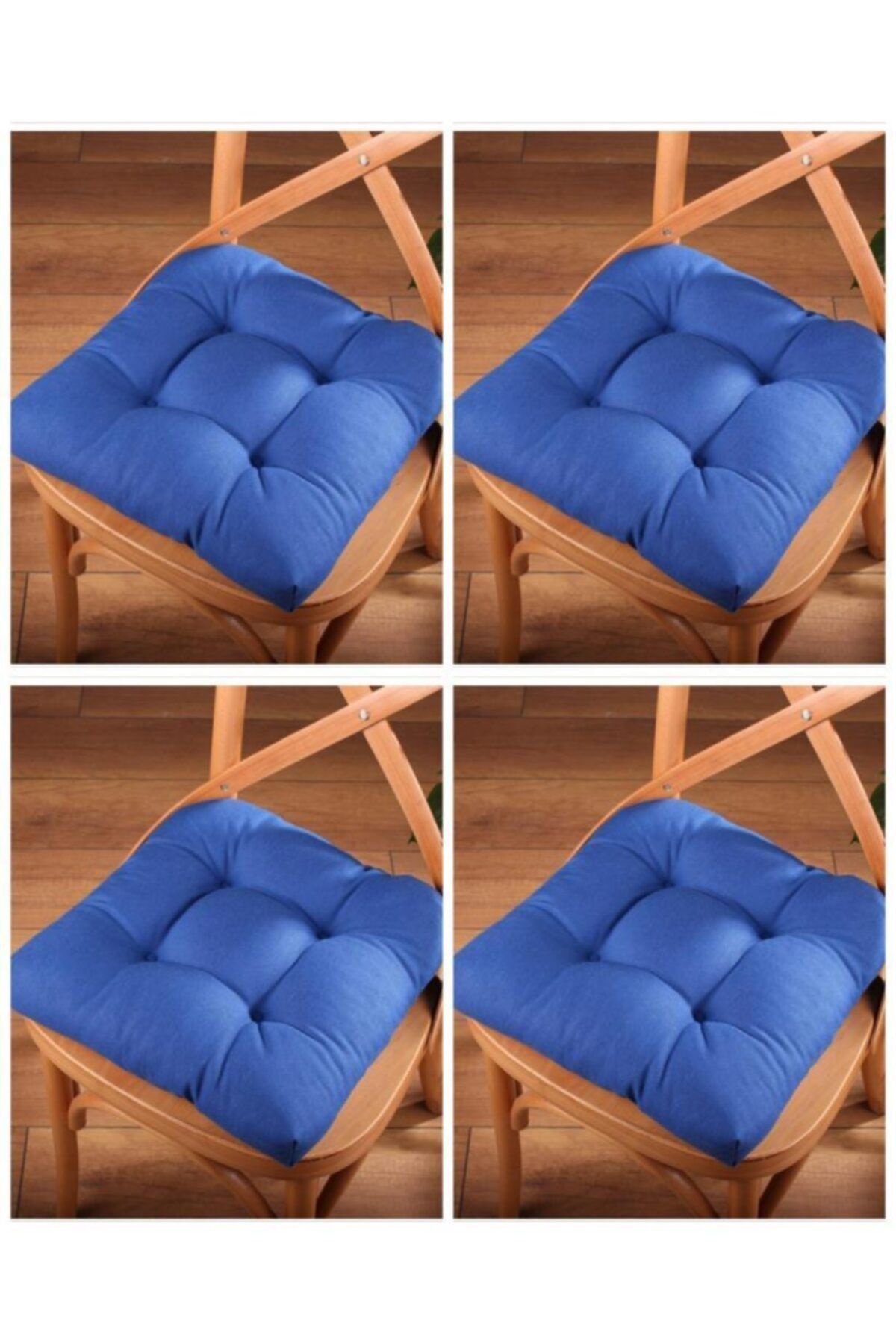 ALTINPAMUK 4'lü Gold Lüx Pofidik Lacivert Sandalye Minderi Özel Dikişli Bağcıklı 40x40cm