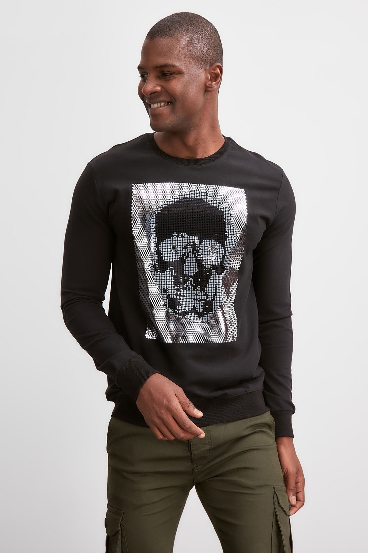 TRENDYOL MAN Siyah Erkek Baskılı Sweatshirt TMNAW20SW0704
