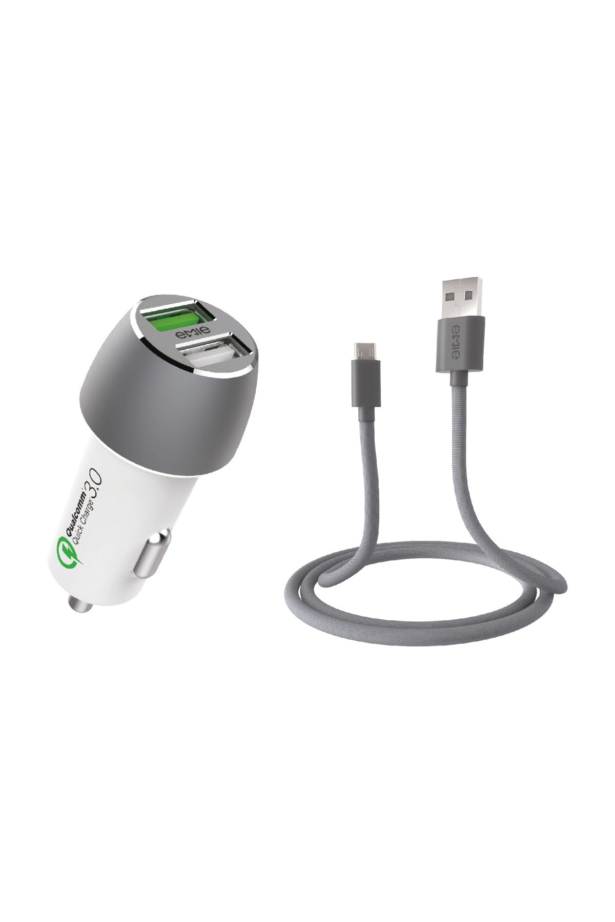 Emie Buga Car Charger Combo Pack 2 Port Car Charger - 30w - Qualcomm 3.0 + 1m Micro Usb Kablo