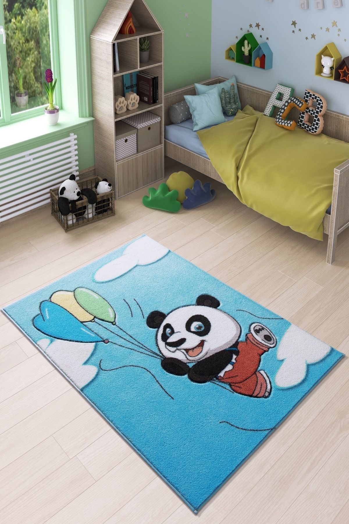 Confetti Flying Panda Mavi Oymalı Anaokulu Kreş Ve Çocuk Halısı 100x150 Cm