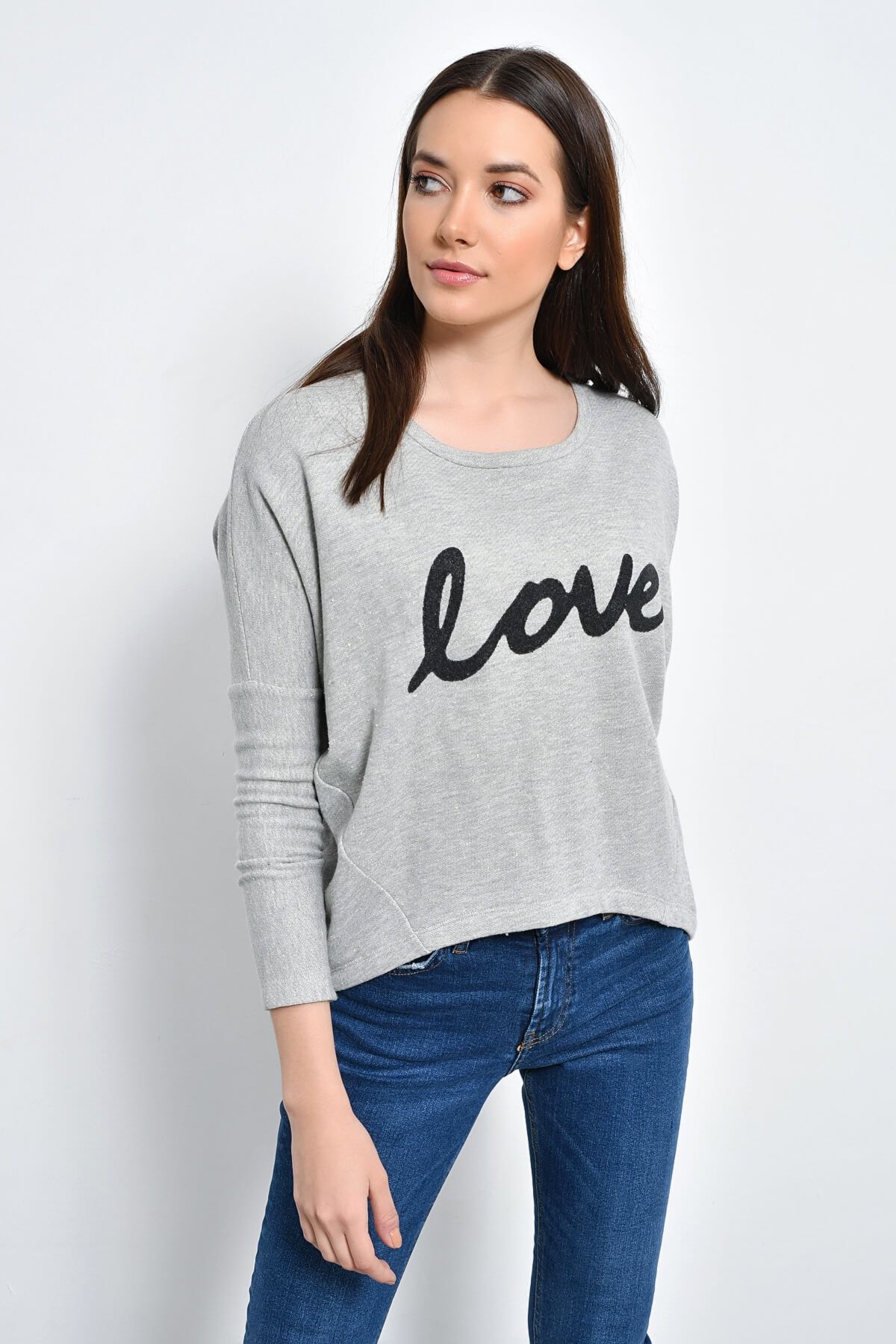 Hanna's Kadın Gri Love Havyar Baskılı Sweatshirt