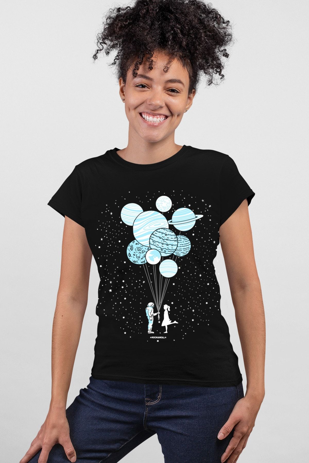 ROCKANDROLL Balon Gezegenler Siyah Kısa Kollu Kadın T-shirt