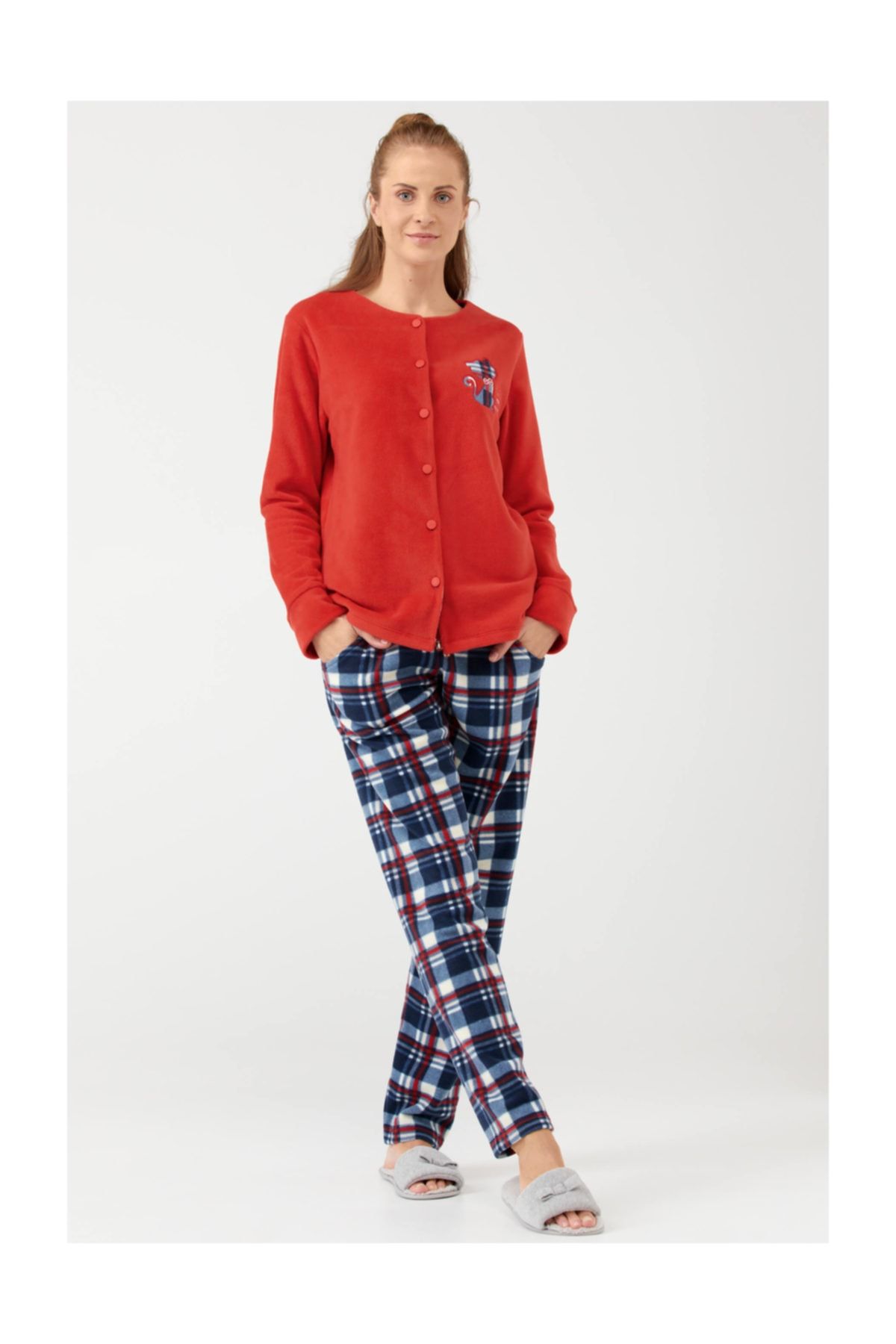 Sementa Önden Düğmeli Polar Kadın Pijama Takım - Kırmızı