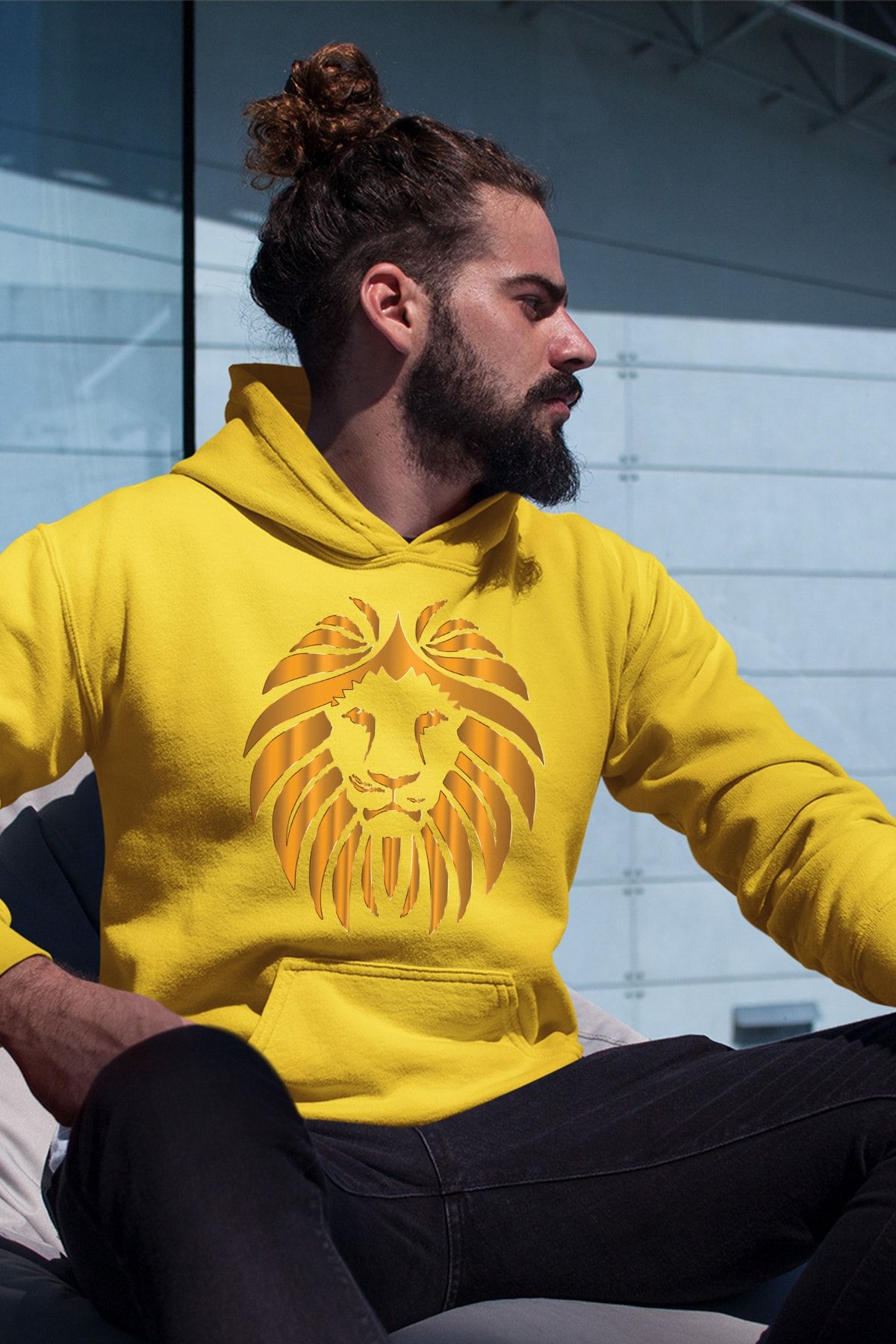 Angemiel Wear Altın Dolgulu Aslan Sarı Erkek Kapüşonlu Sweatshirt Çanta Kombin