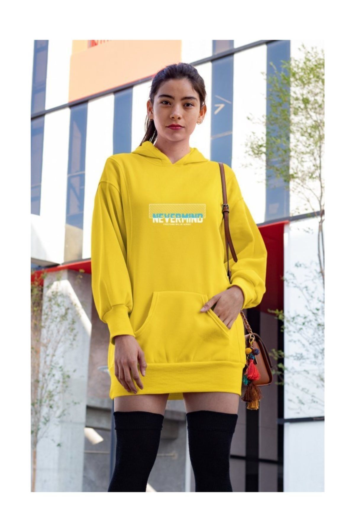 Angemiel Wear Never Mind Sarı Kadın Kapüşonlu Sweatshirt Çanta Kombin
