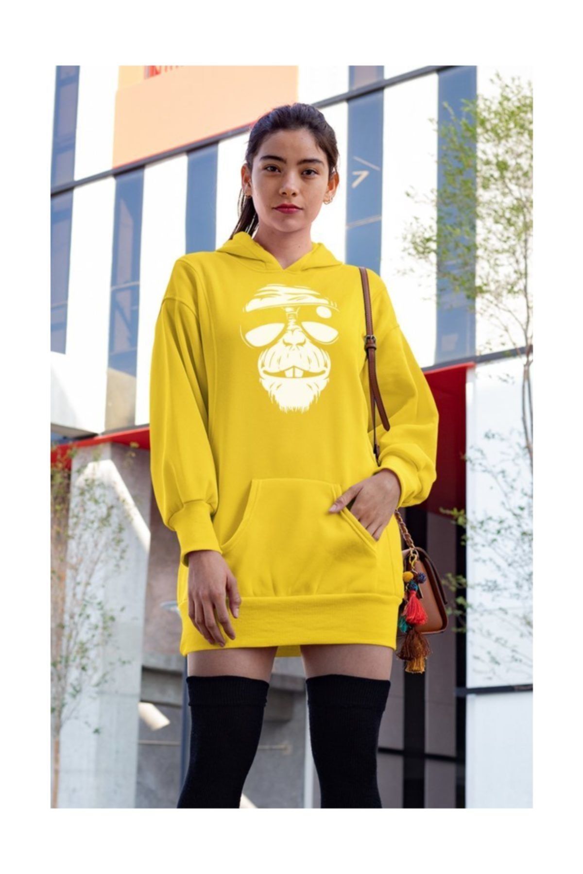 Angemiel Wear Gözlüklü Havalı Maymun Sarı Kadın Kapüşonlu Sweatshirt Çanta Kombin