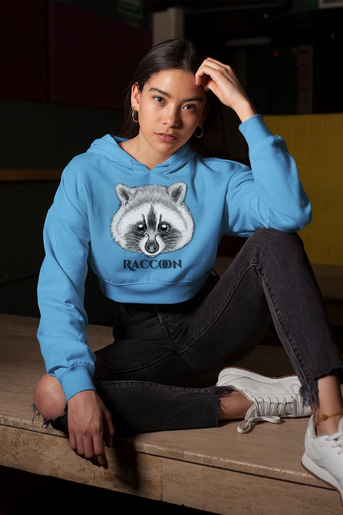 Angemiel Wear Tatlı Rakun Mavi Kısa Kapüşonlu Sweatshirt