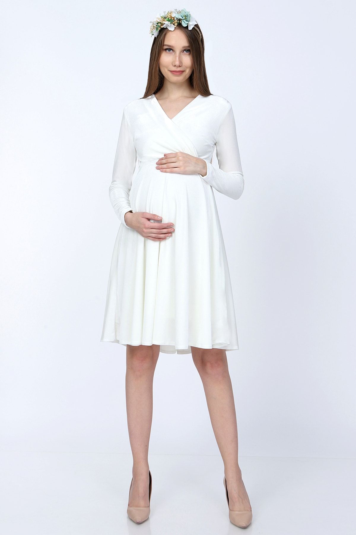 MODA LABİO Kadife Kısa Hamile Elbisesi Beyaz