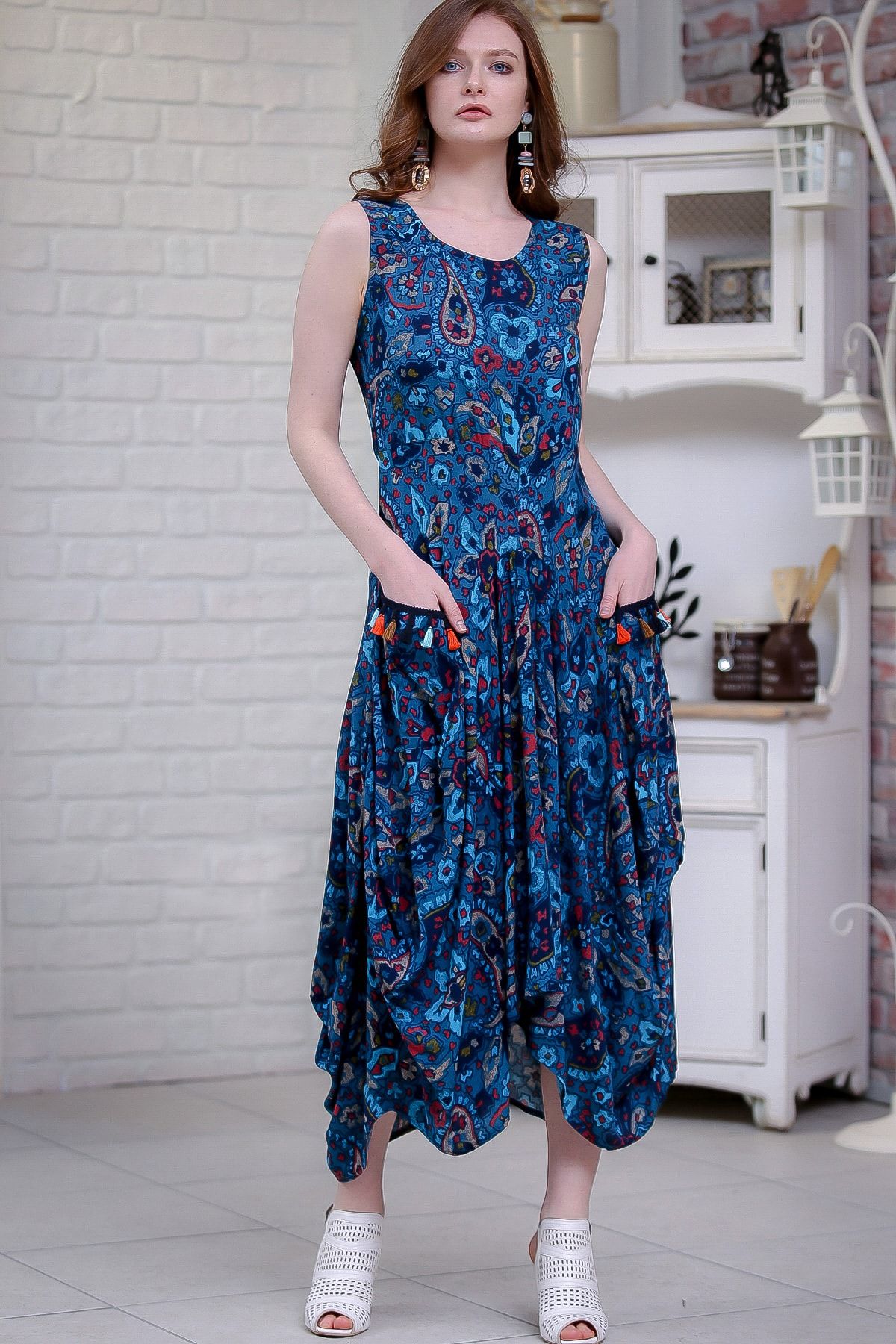 Chiccy Kadın Petrol Mavi Şal Desenli Püsküllü Cep Detaylı Asimetrik Salaş Dokuma Elbise  M10160000EL97262