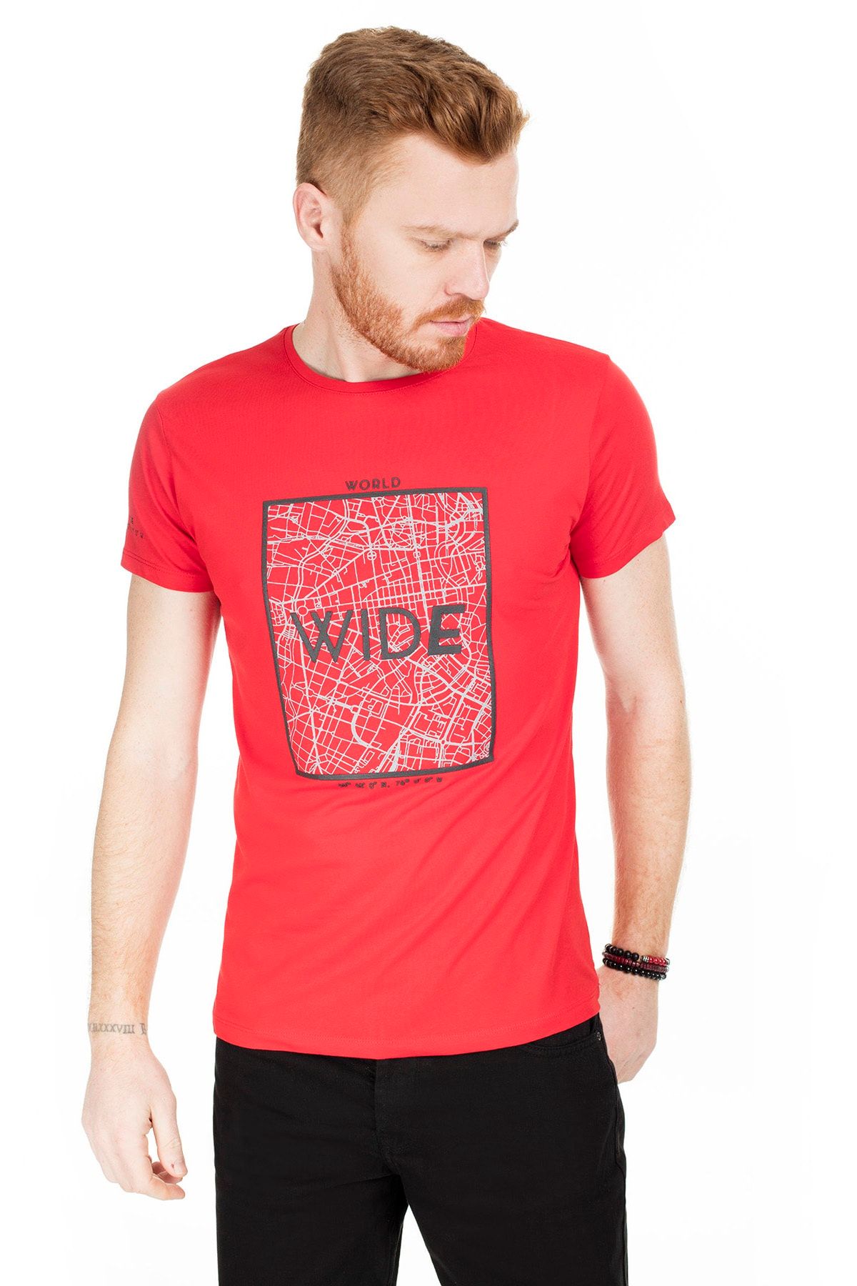 Buratti Erkek Kırmızı Ön Beden Baskılı Bisiklet Yaka Pamuklu T Shirt 54120