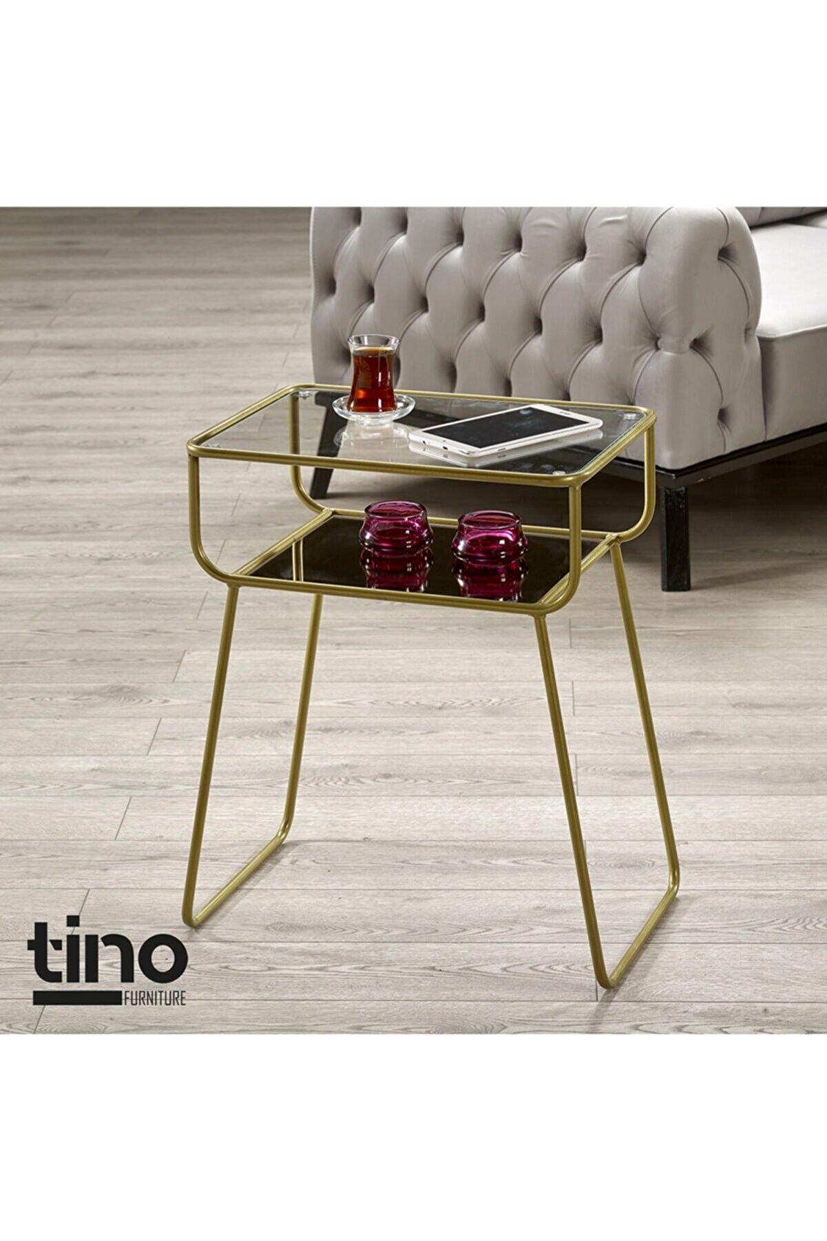 tino furniture Gold Yan Sehpa Cam Raflı Metal Geyik Sehpa