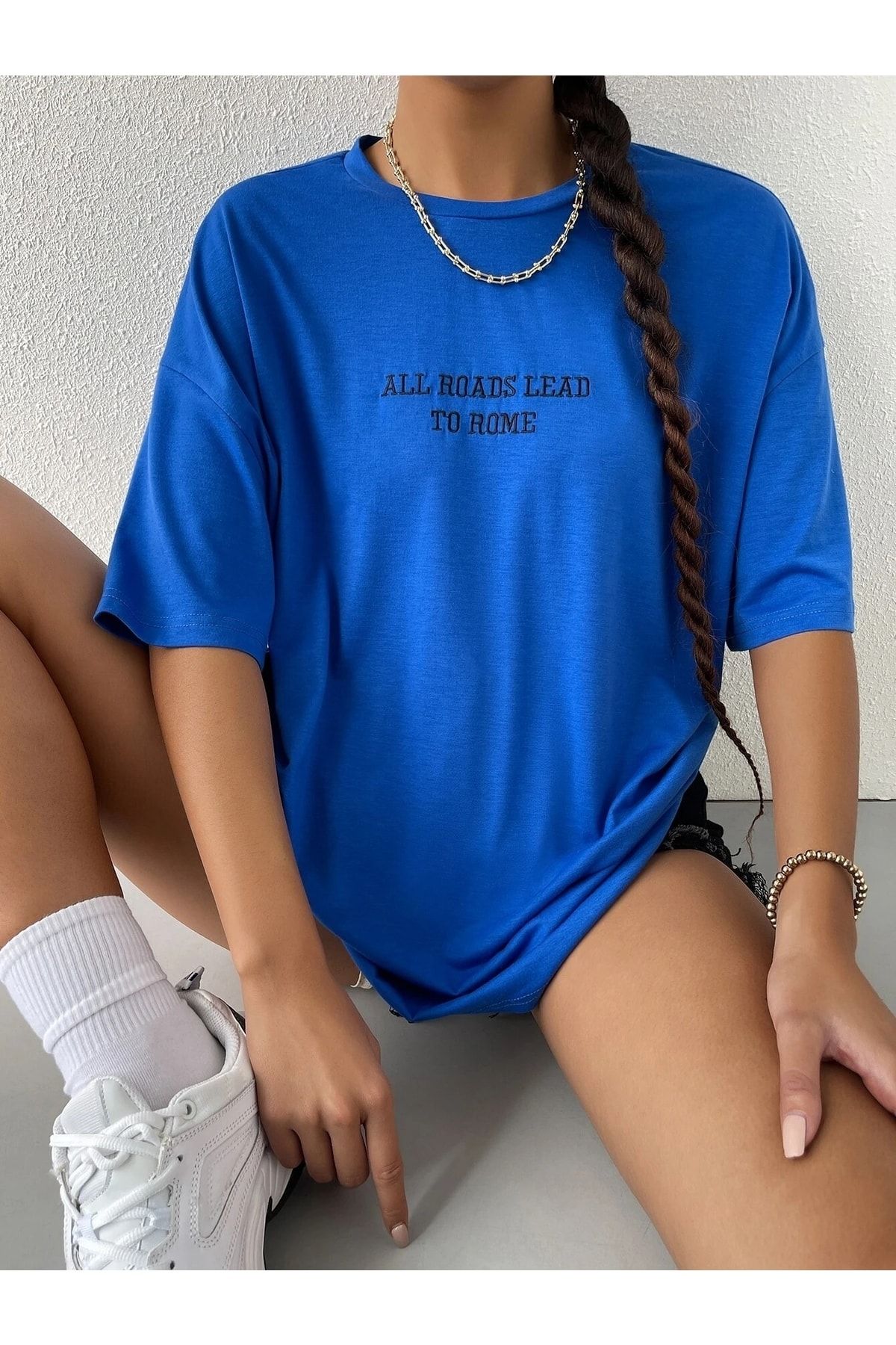 DUBU BUTİK To Rome T-shirt - Saks Mavi Baskılı Oversize Bisiklet Yaka Kısa Kol Tişört