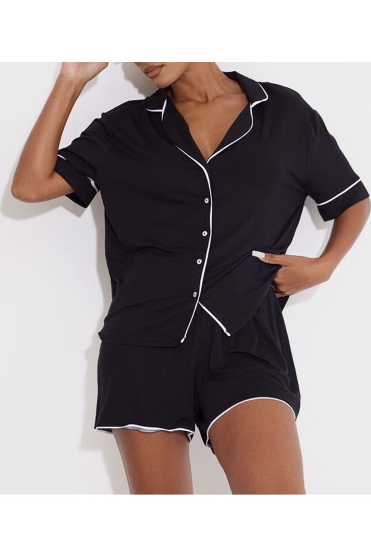 Merlot Düğmeli Biyeli Şortlu Pijama Takımı