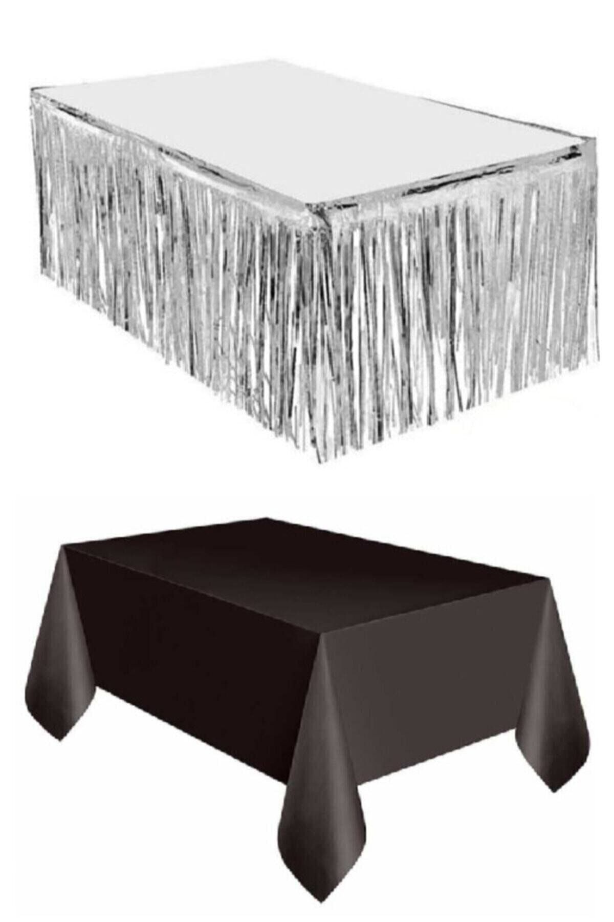 BEST PARTİ Gümüş Metalize Masa Eteği + Plastik Siyah Masa Örtüsü