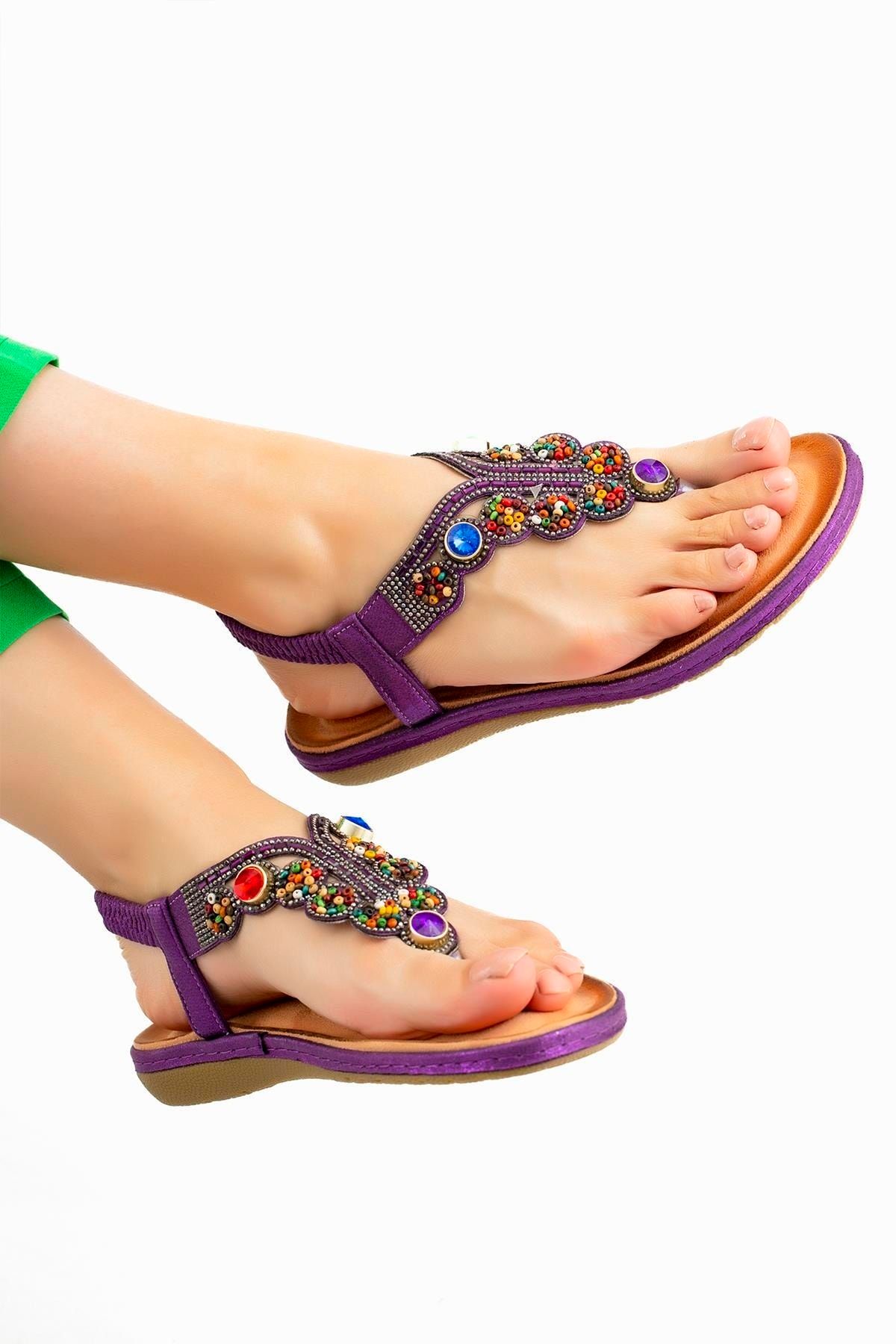 Guja Taşlı Ortopedik Parmak Arası Kadın Sandalet 23y152-5 Mor