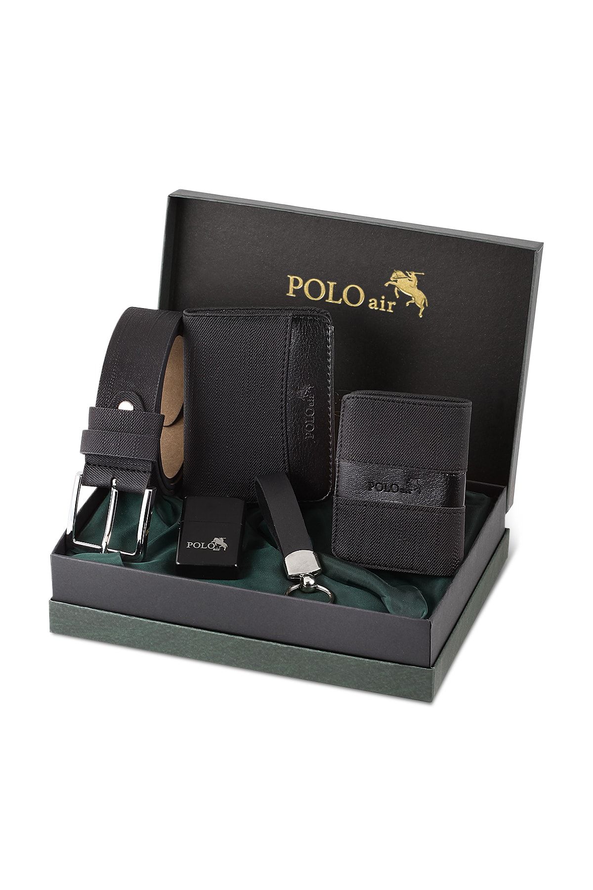 polo air Kemer Cüzdan Kartlık Anahtarlık Çakmak Hediyelik Kutusunda Siyah Set