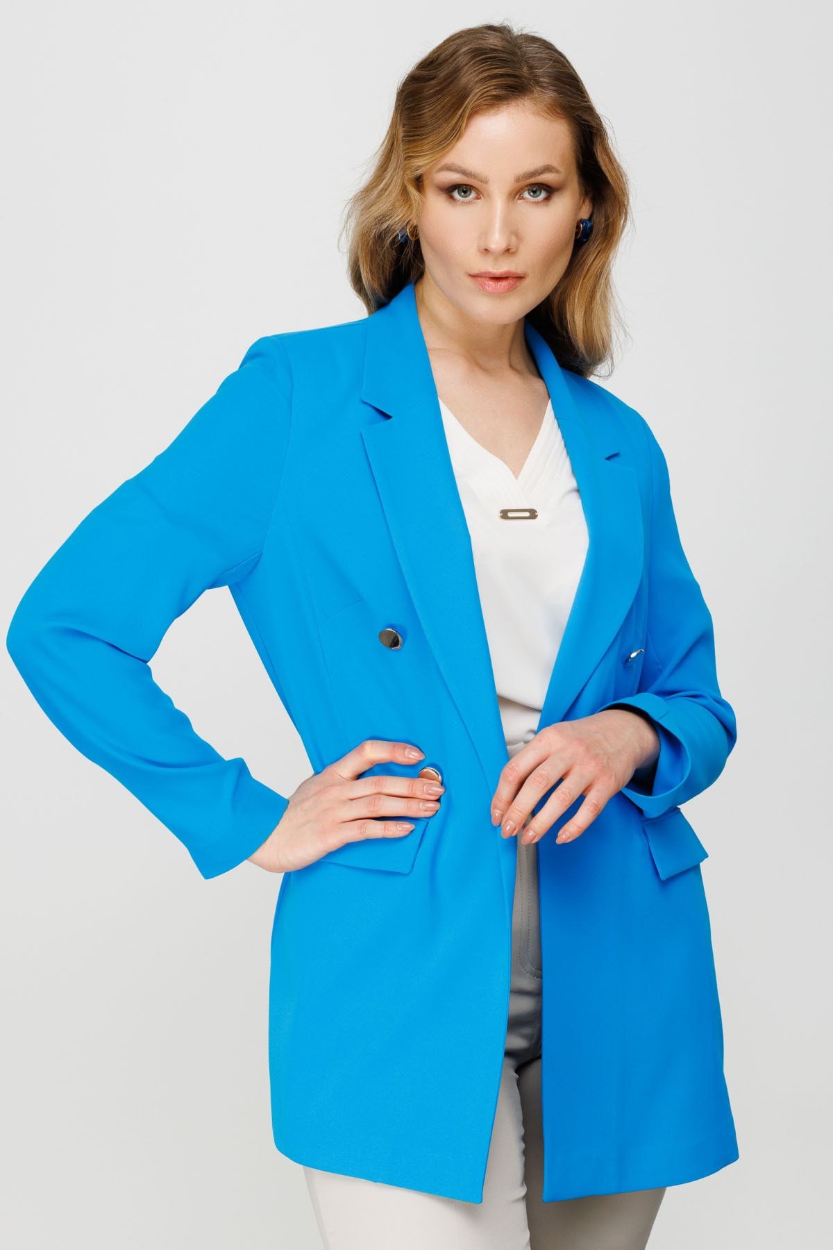 Ekol Kadın Krep Kumaş Ceket 4590 Mavi