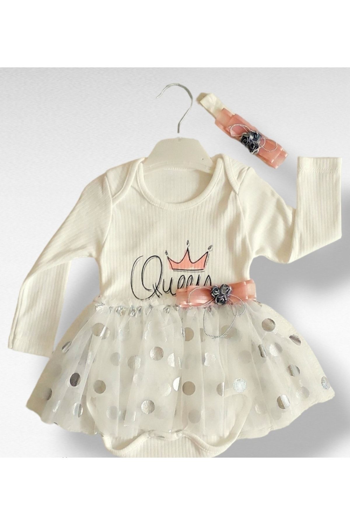 ASİL ÖZTÜRK BABY KİDS Kız Bebek Queen Tütülü Body Zıbın Elbise Bandanalı Uzun Kollu Gümüş Renk