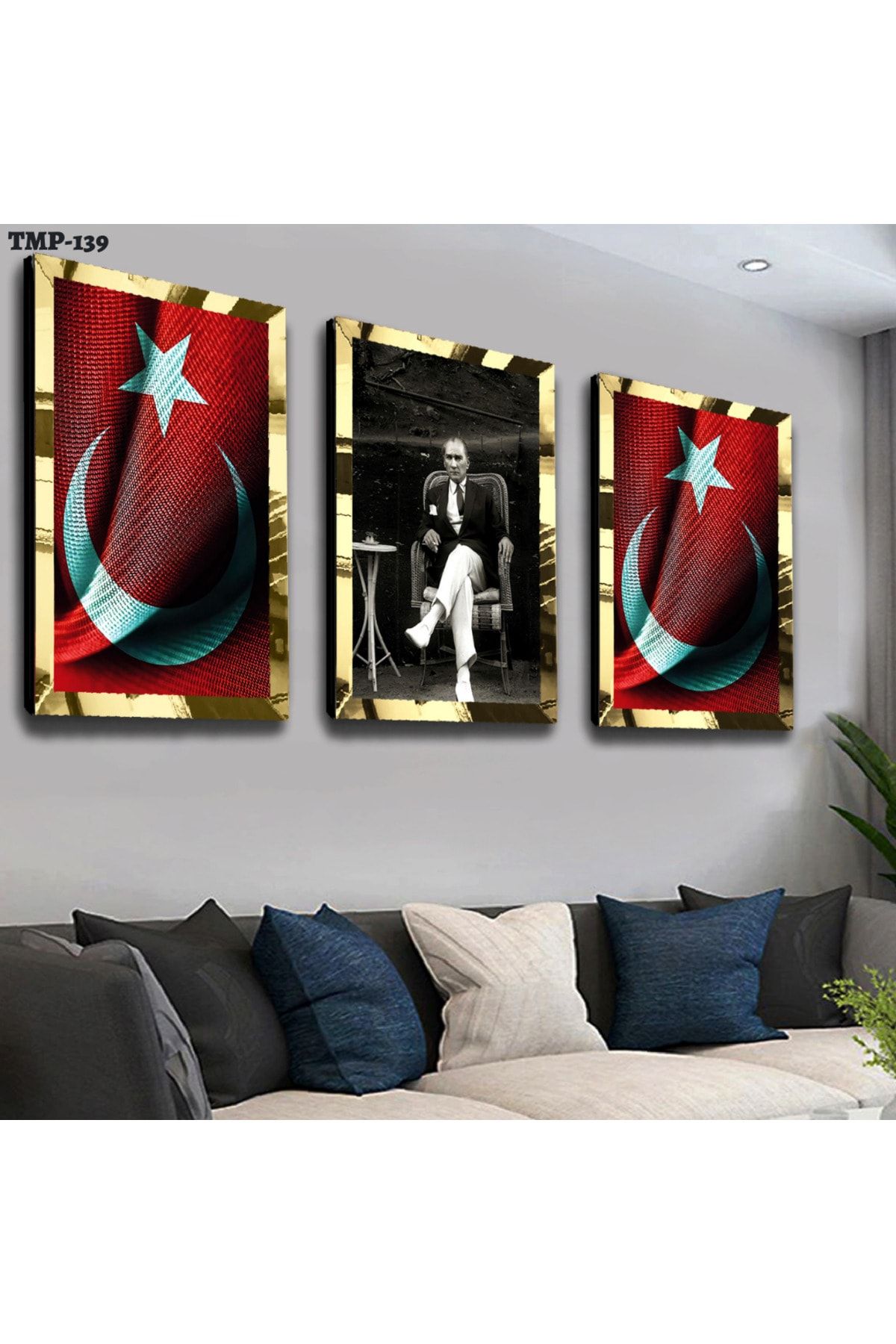 Zevahir Mobilya Dekorasyon Türk Bayrağı Ve Atatürk Gold Pleksili Mdf Tablo