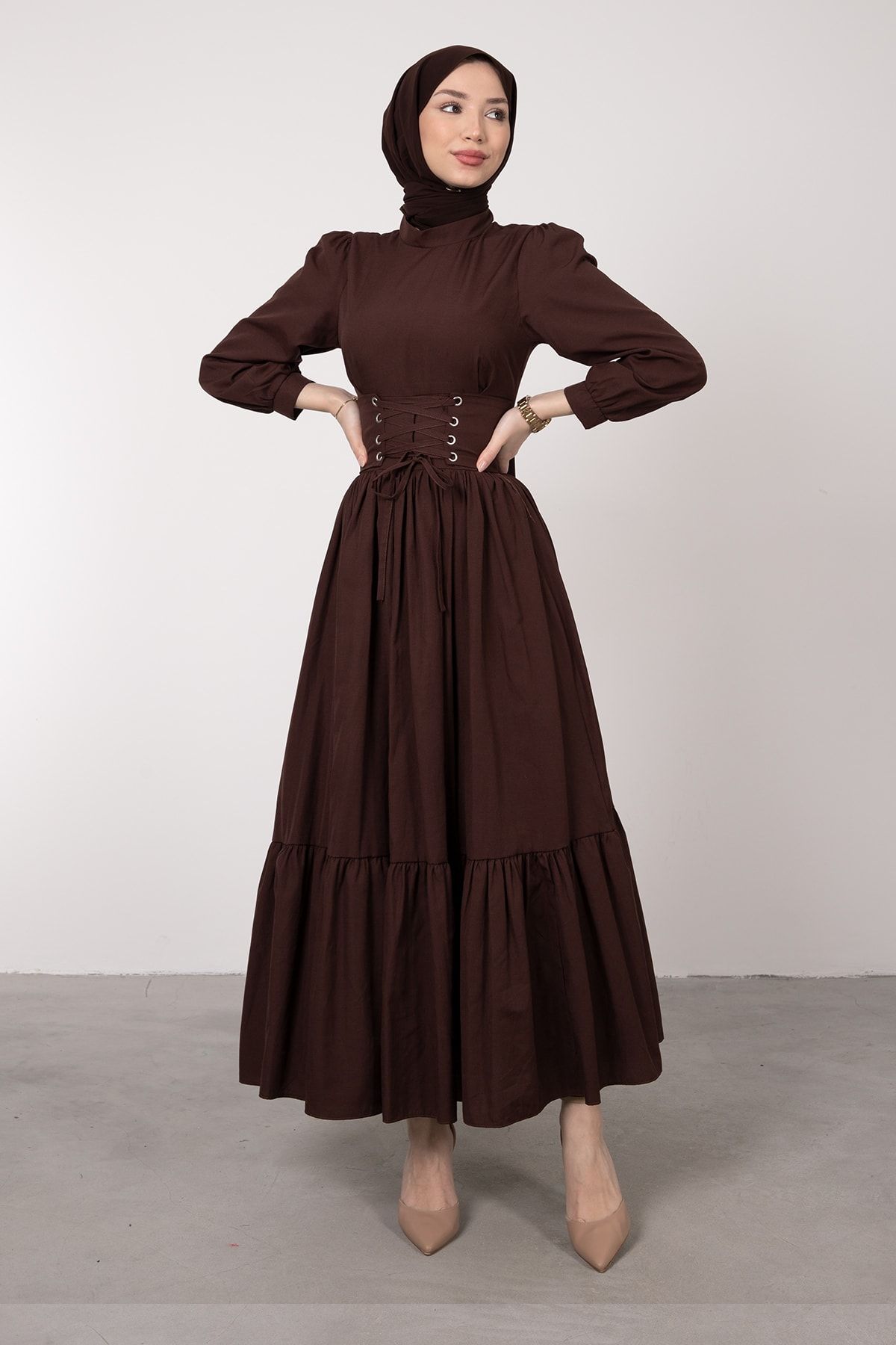 Lamia Giyim Beli Çapraz Bağcıklı Vintage Tesettür Elbise Koyu Kahve