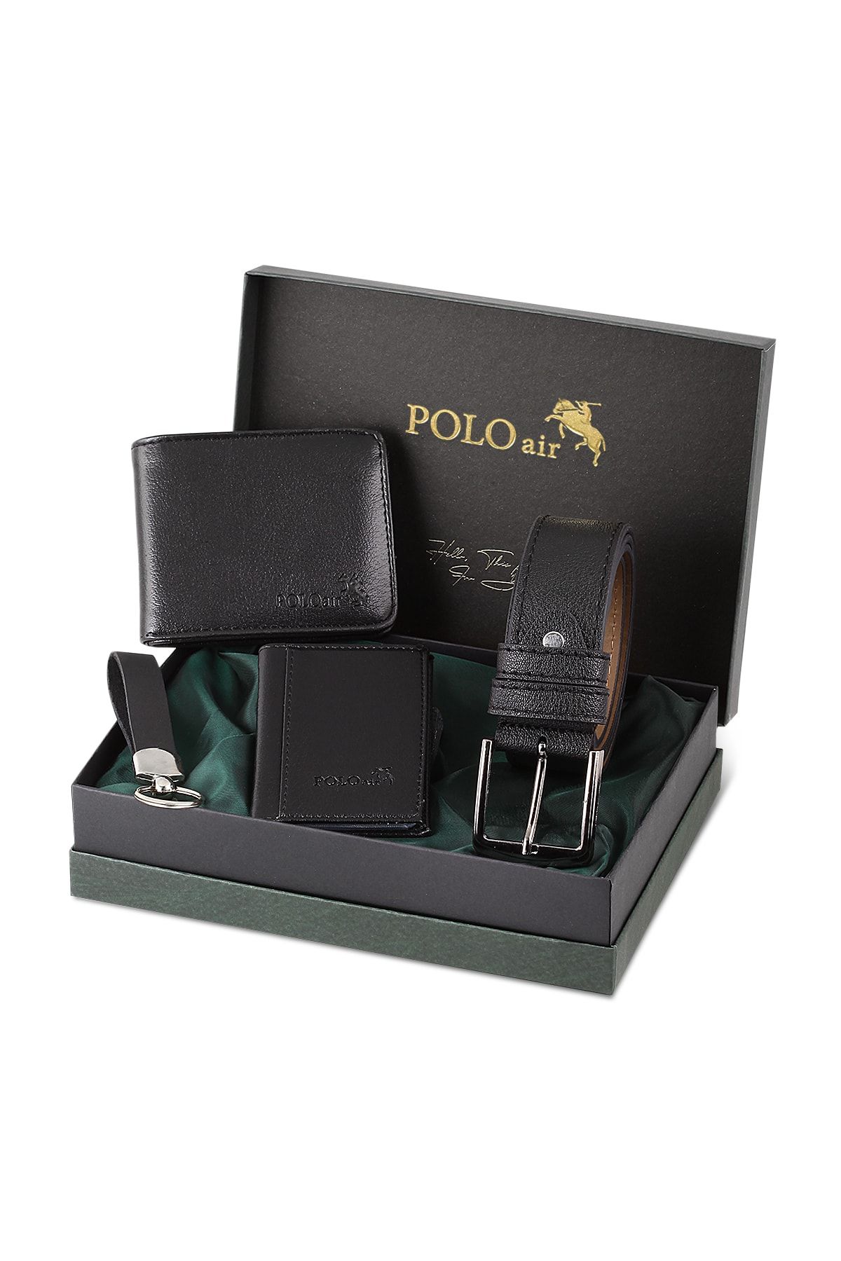 polo air Kemer Cüzdan Kartlık Anahtarlık Hediyelik Kombin Siyah Set