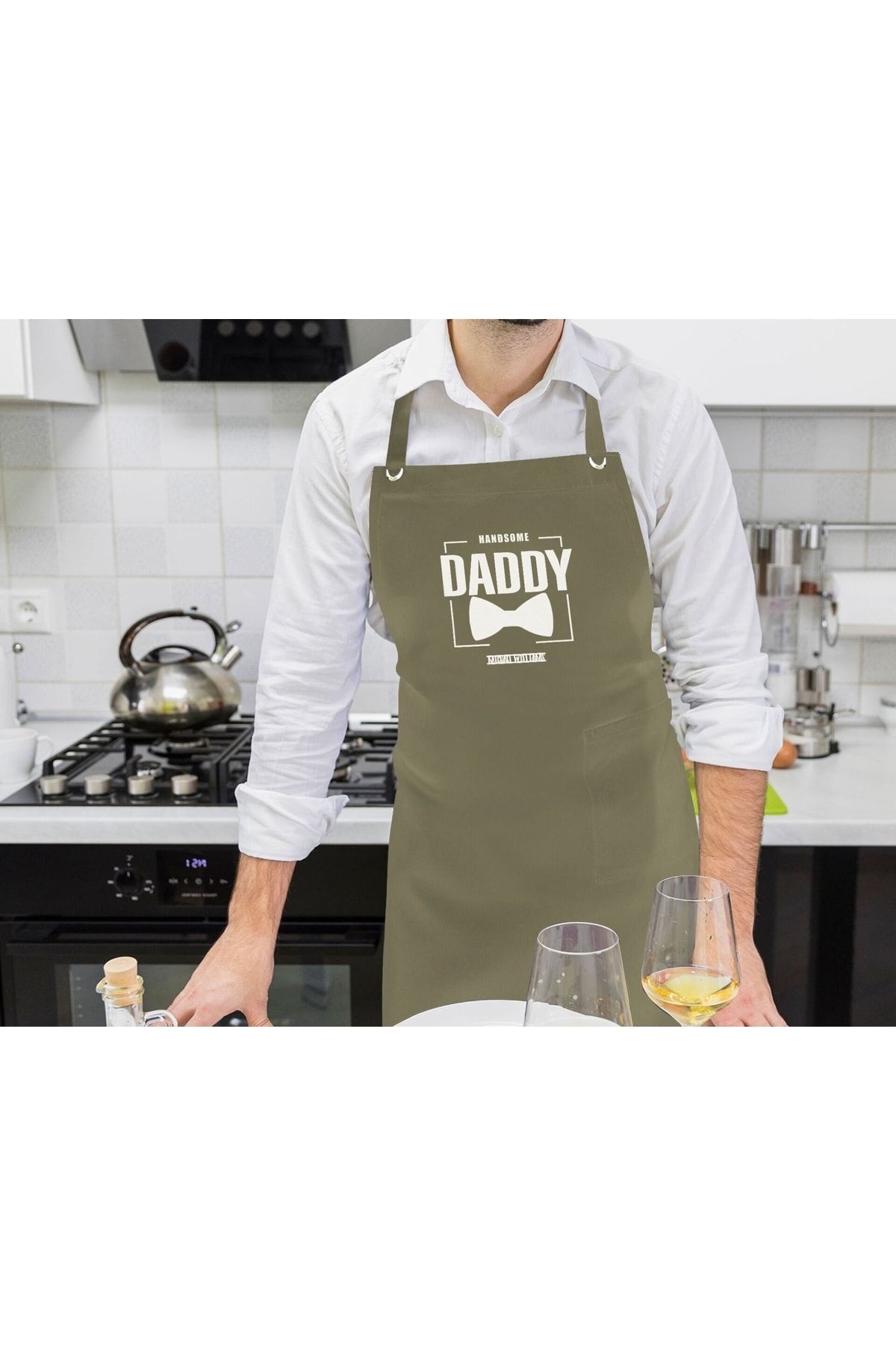 Bk Gift Kişiye Özel Isimli Babalar Günü Tasarımlı Profesyonel Haki Mutfak Önlüğü-2, Aşçı Önlüğü, Şef