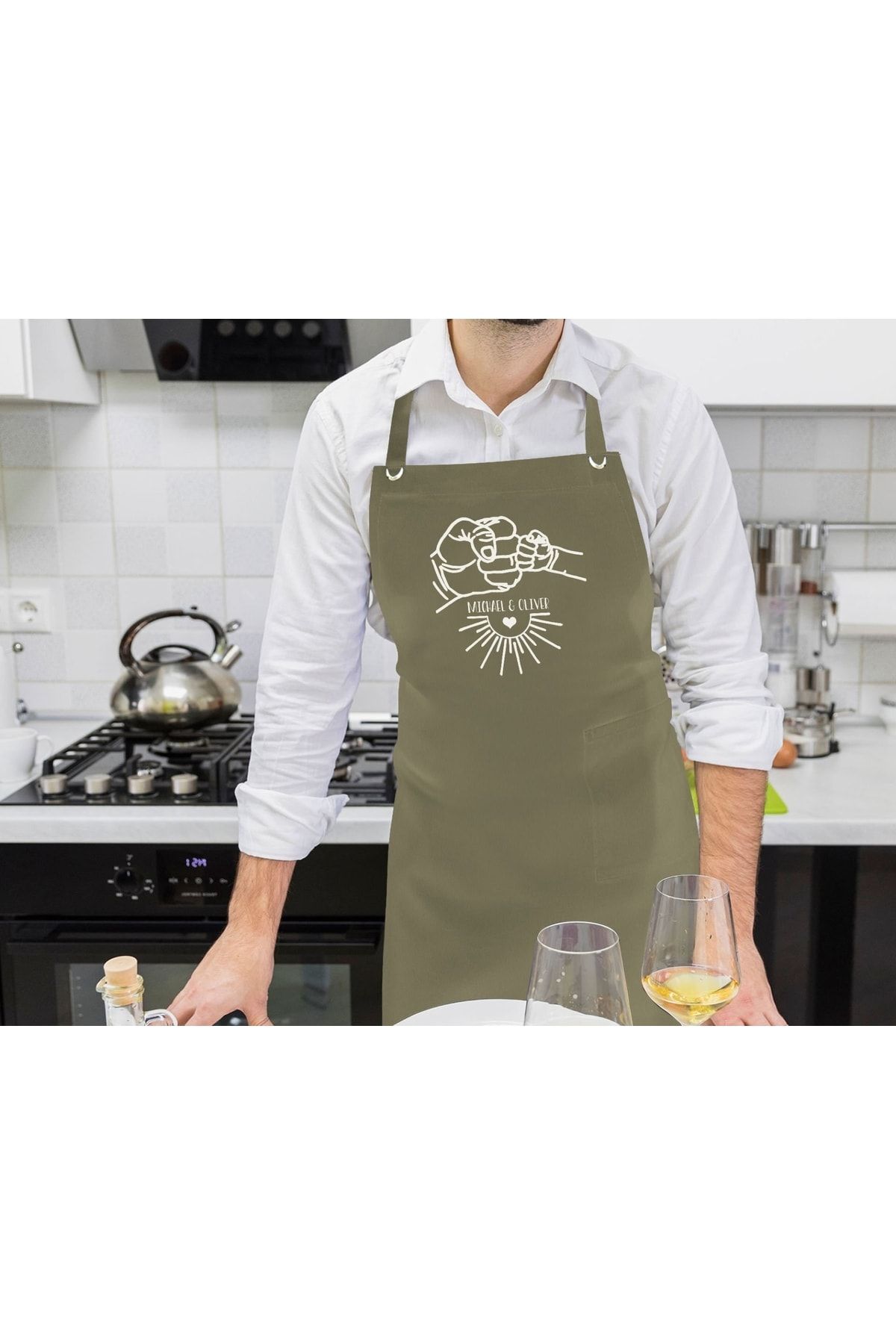 Bk Gift Kişiye Özel Isimli Babalar Günü Tasarımlı Profesyonel Haki Mutfak Önlüğü-9, Aşçı Önlüğü, Şef