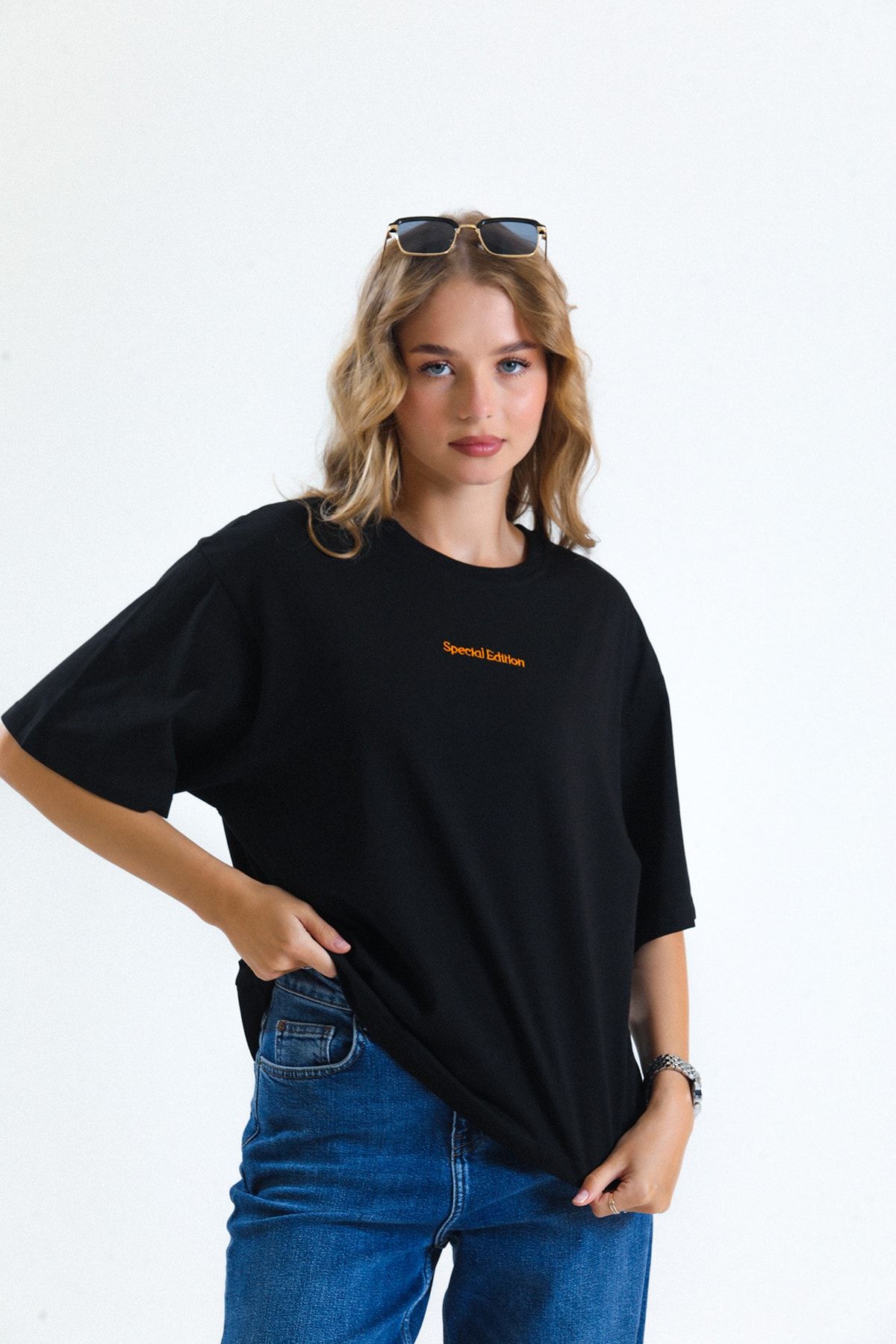 Zomers Kadın %100 Pamuk Nakış Baskılı Oversize Special Edition Siyah T-shirt